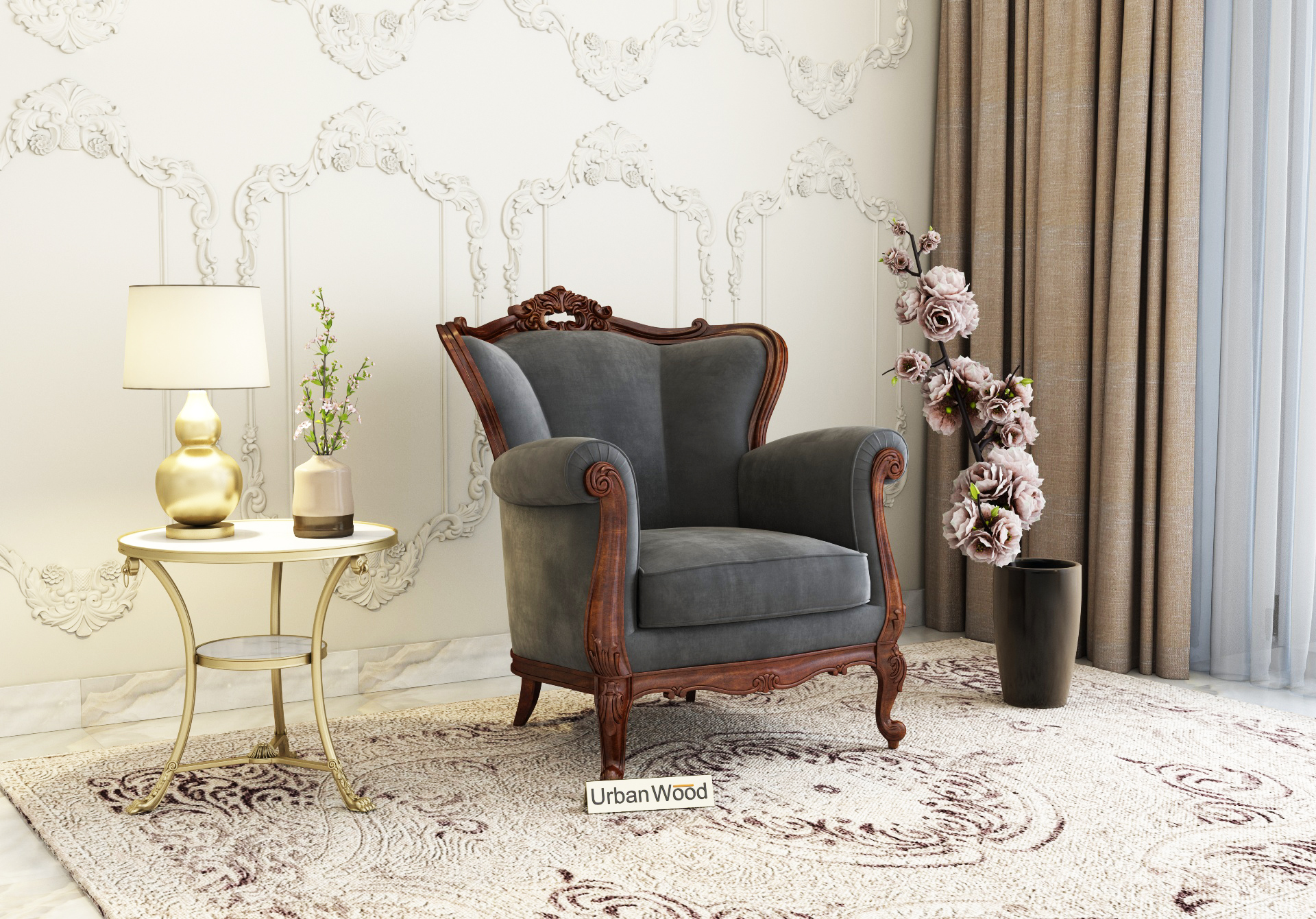 Badge Arm Chair ( Velvet, Stone Grey )