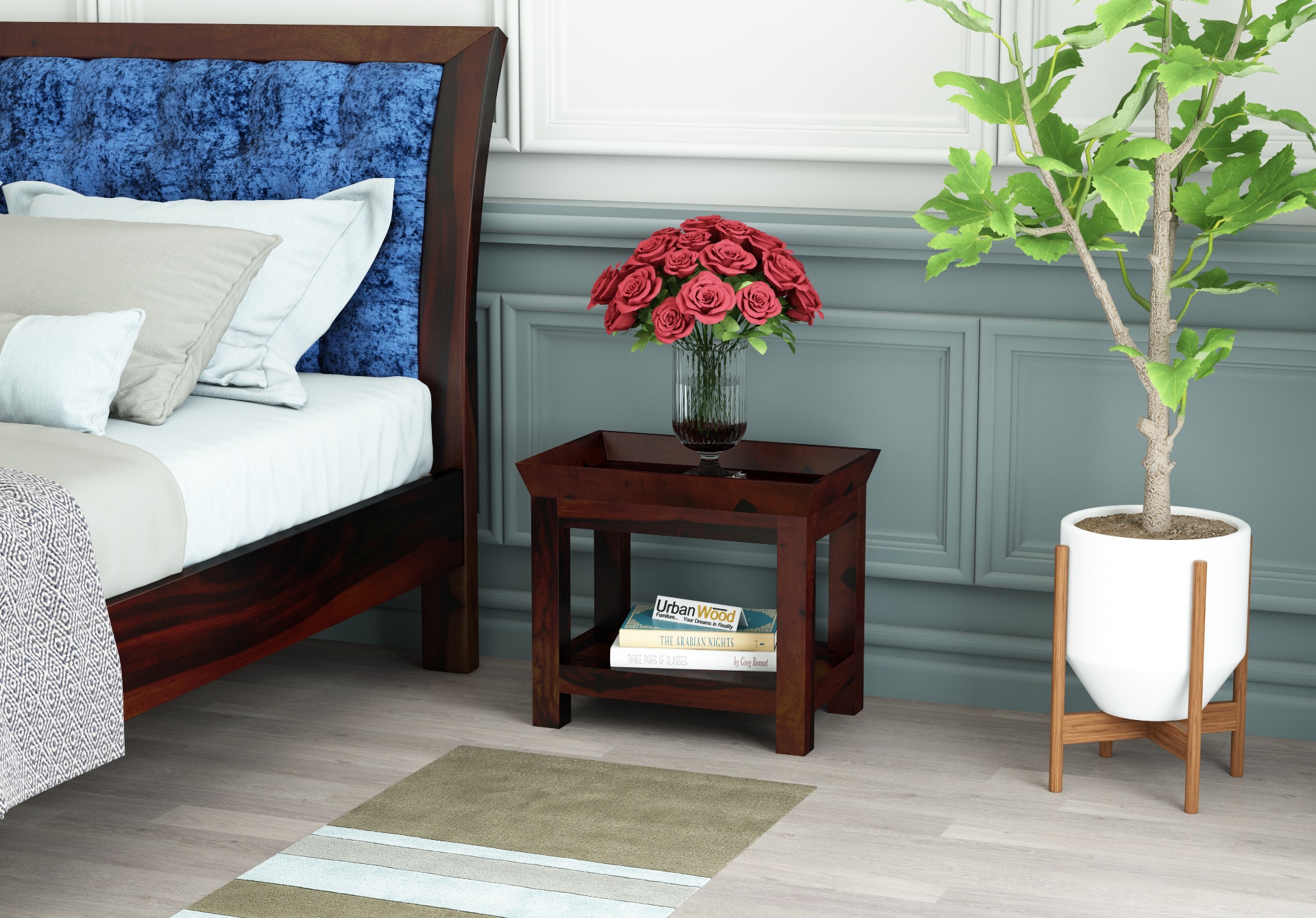 Ross Wooden Bedside Table (Walnut Finish)
