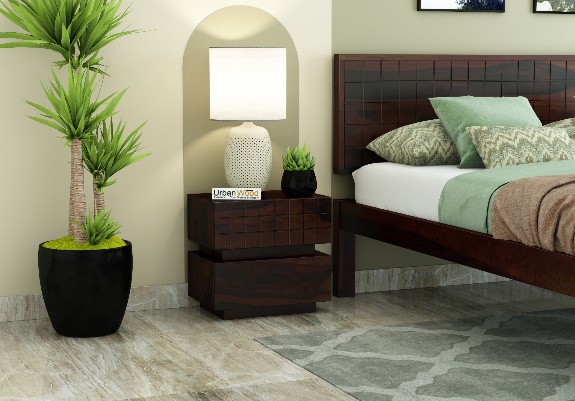 Solic Wooden Bedside Table (Walnut Finish)