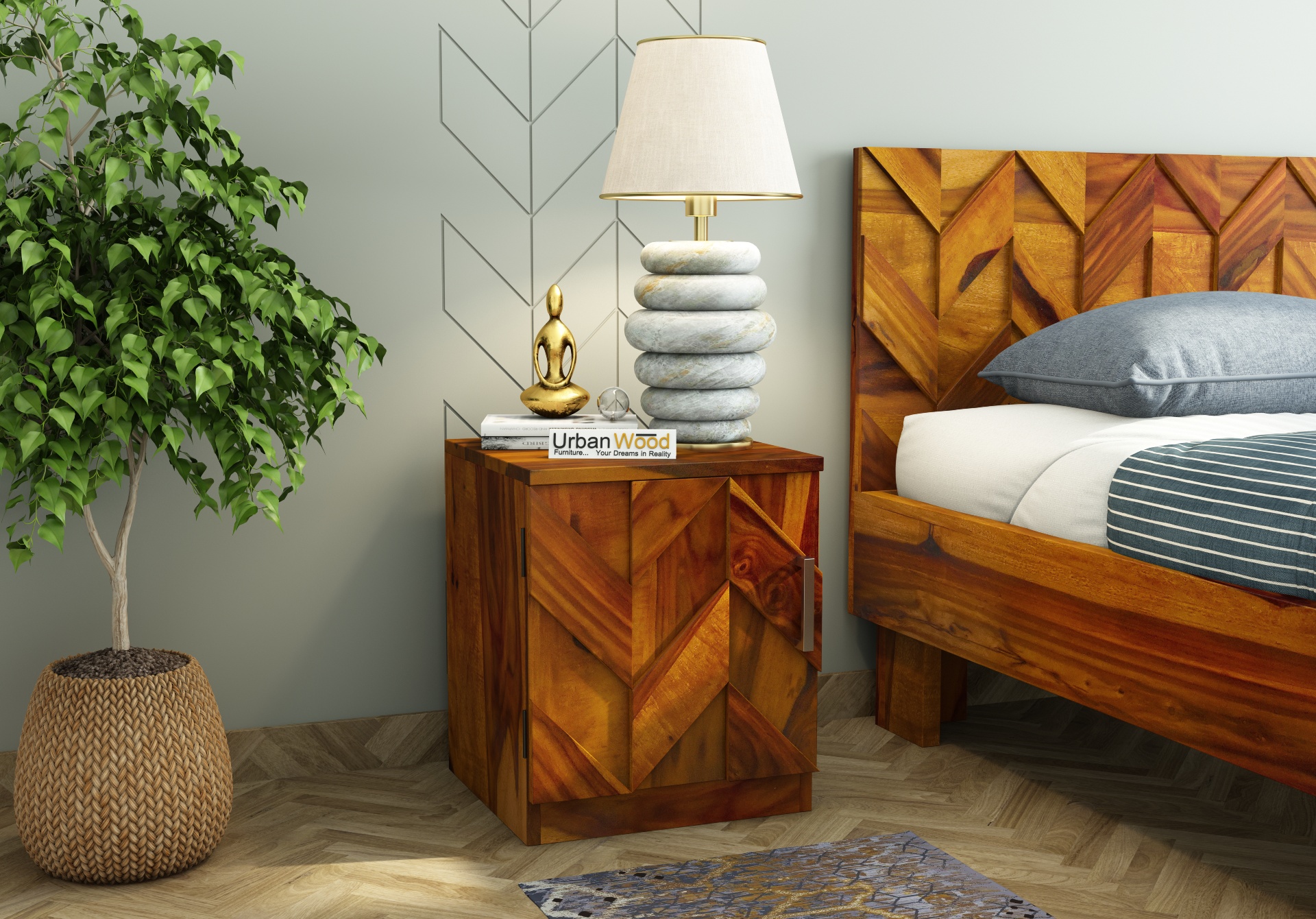 Trace Bed Side Table ( Honey Finish )