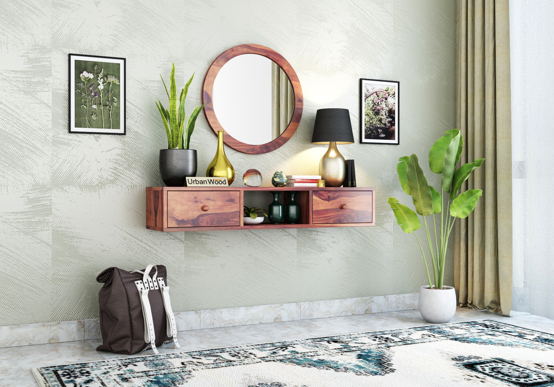 Rose Wall Mounted Console Table with Mirror ( Teak Finish )