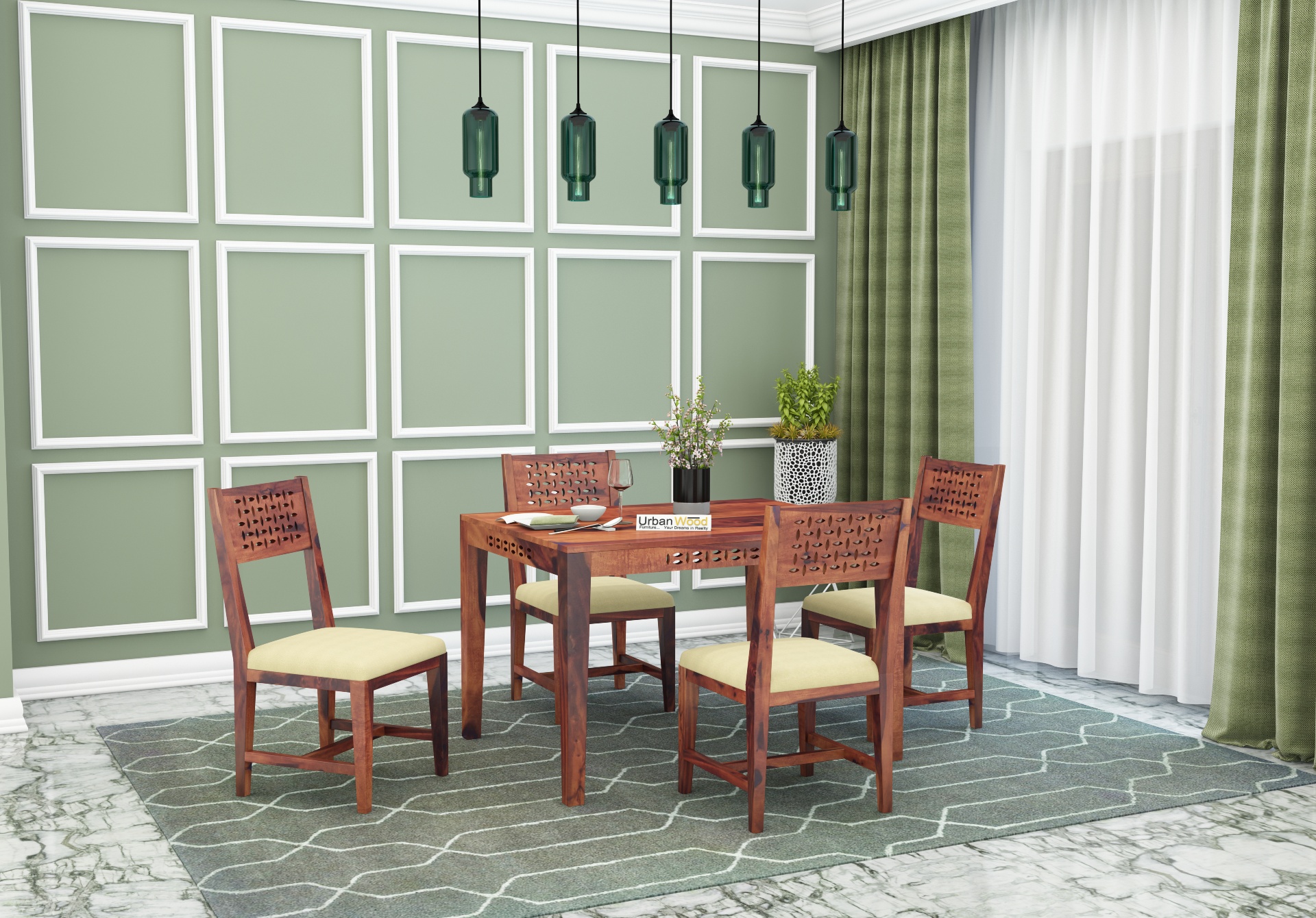 Woodora 4 Seater Dining Set with Cushion (Teak Finish)