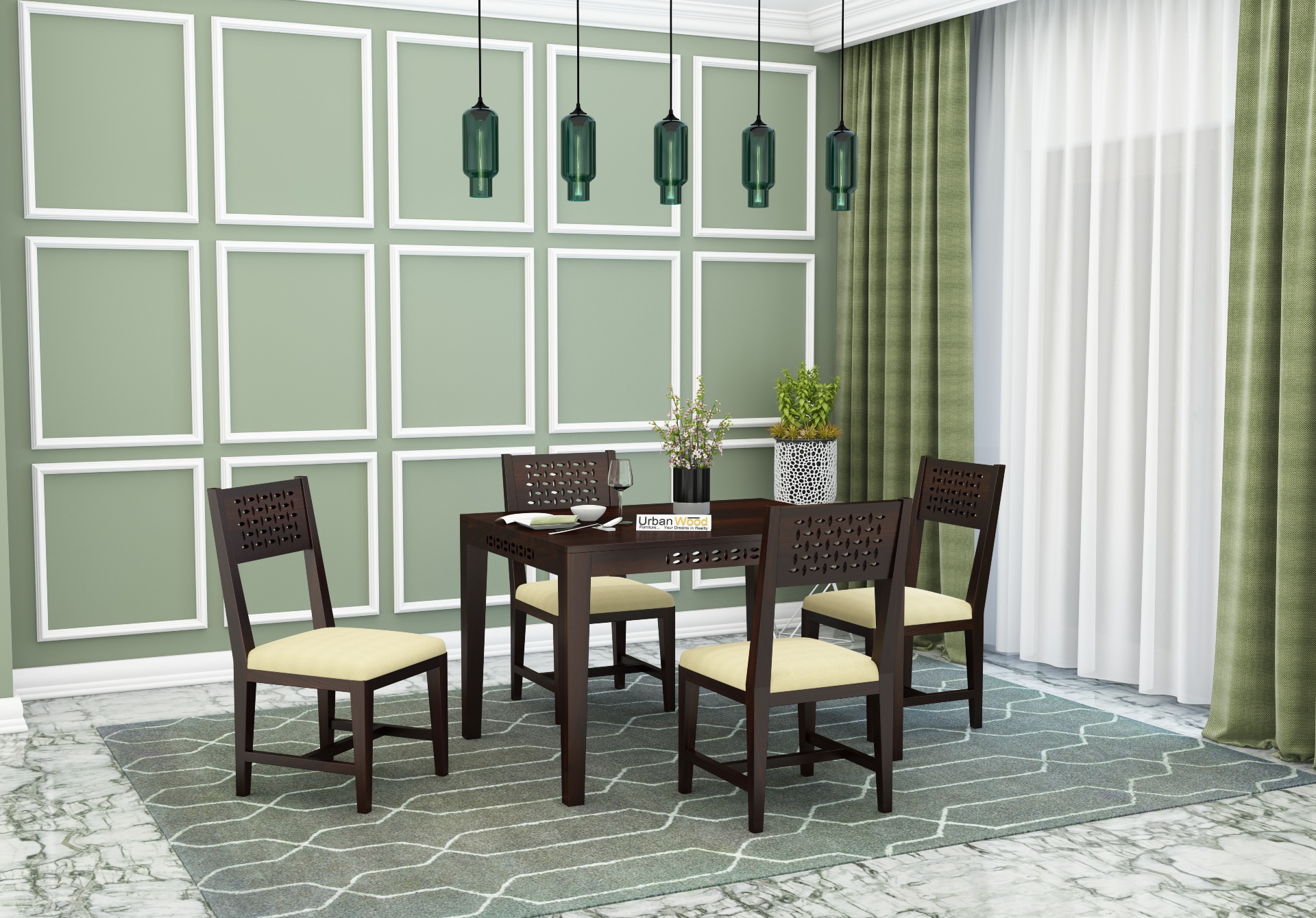 Woodora 4 Seater Dining Set with Cushion (Walnut Finish)