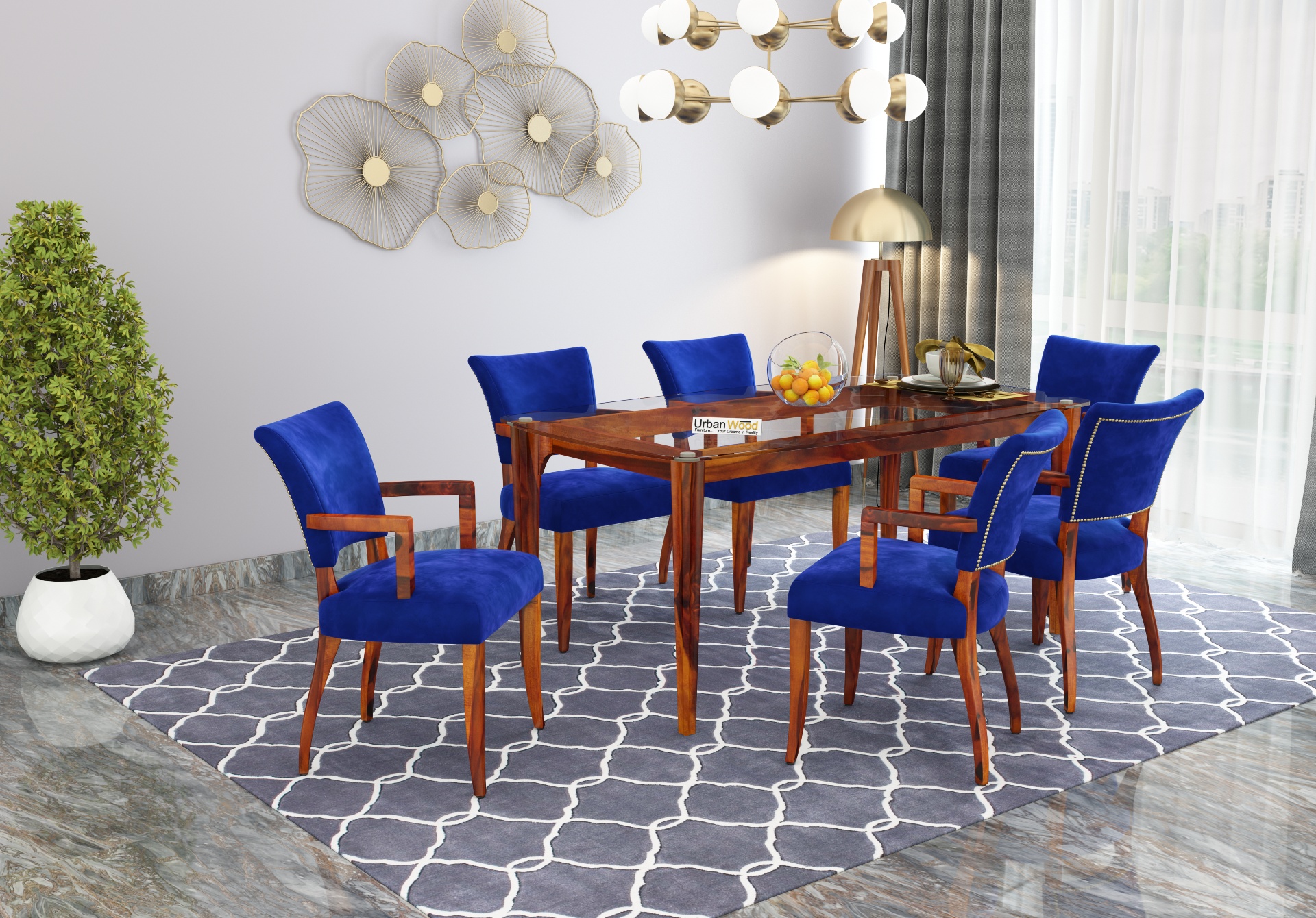 Quipo 6-Seater Dining Table Set (With Arms) (Honey Finish)
