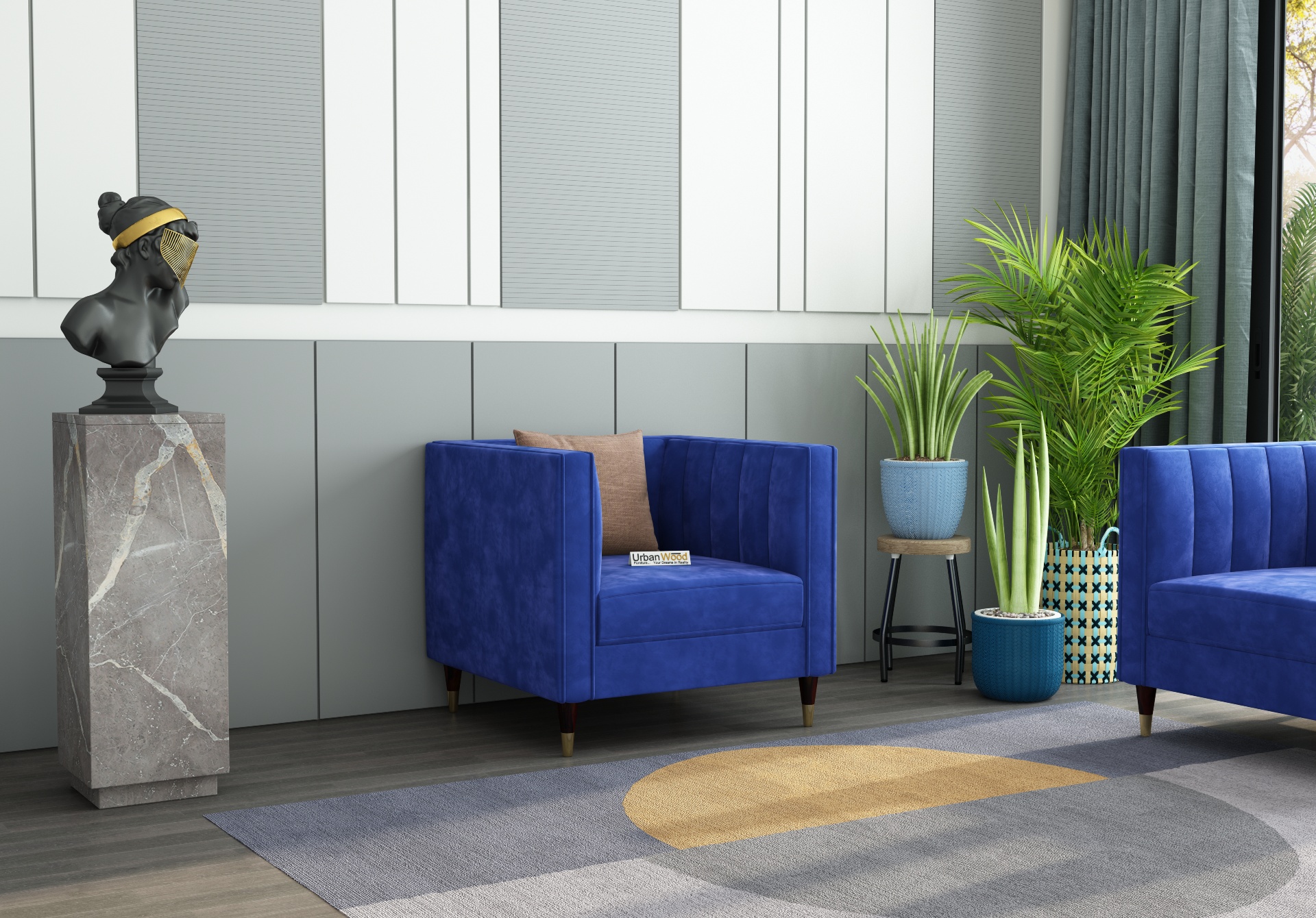 Abro 1 Seater Fabric Sofa (Velvet, Sapphire Blue)