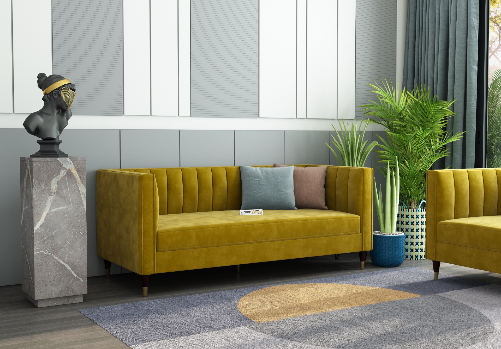 Abro 3 Seater Fabric Sofa (Velvet, Amber Gold)