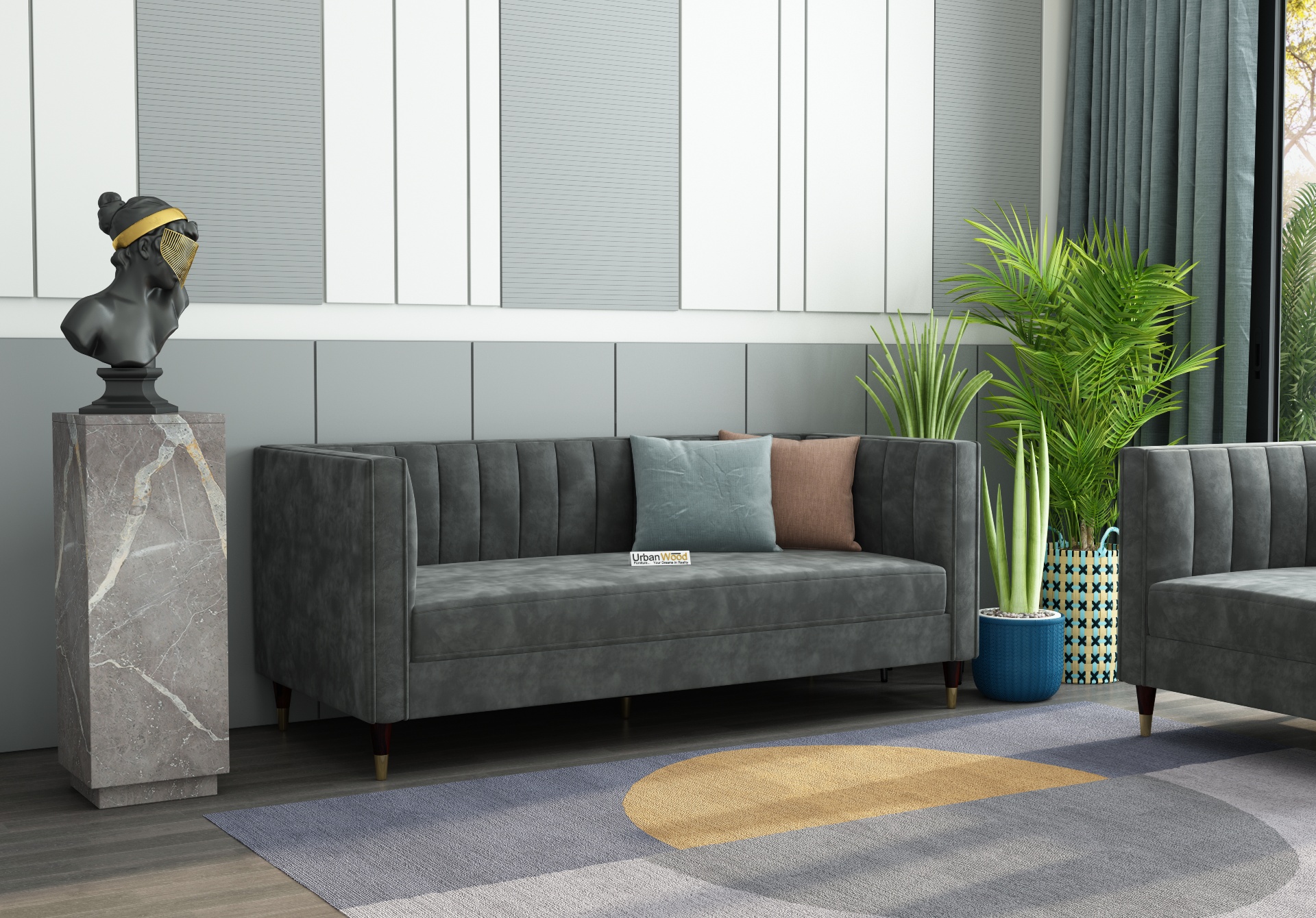Abro 3 Seater Fabric Sofa (Velvet, Stone Gray)