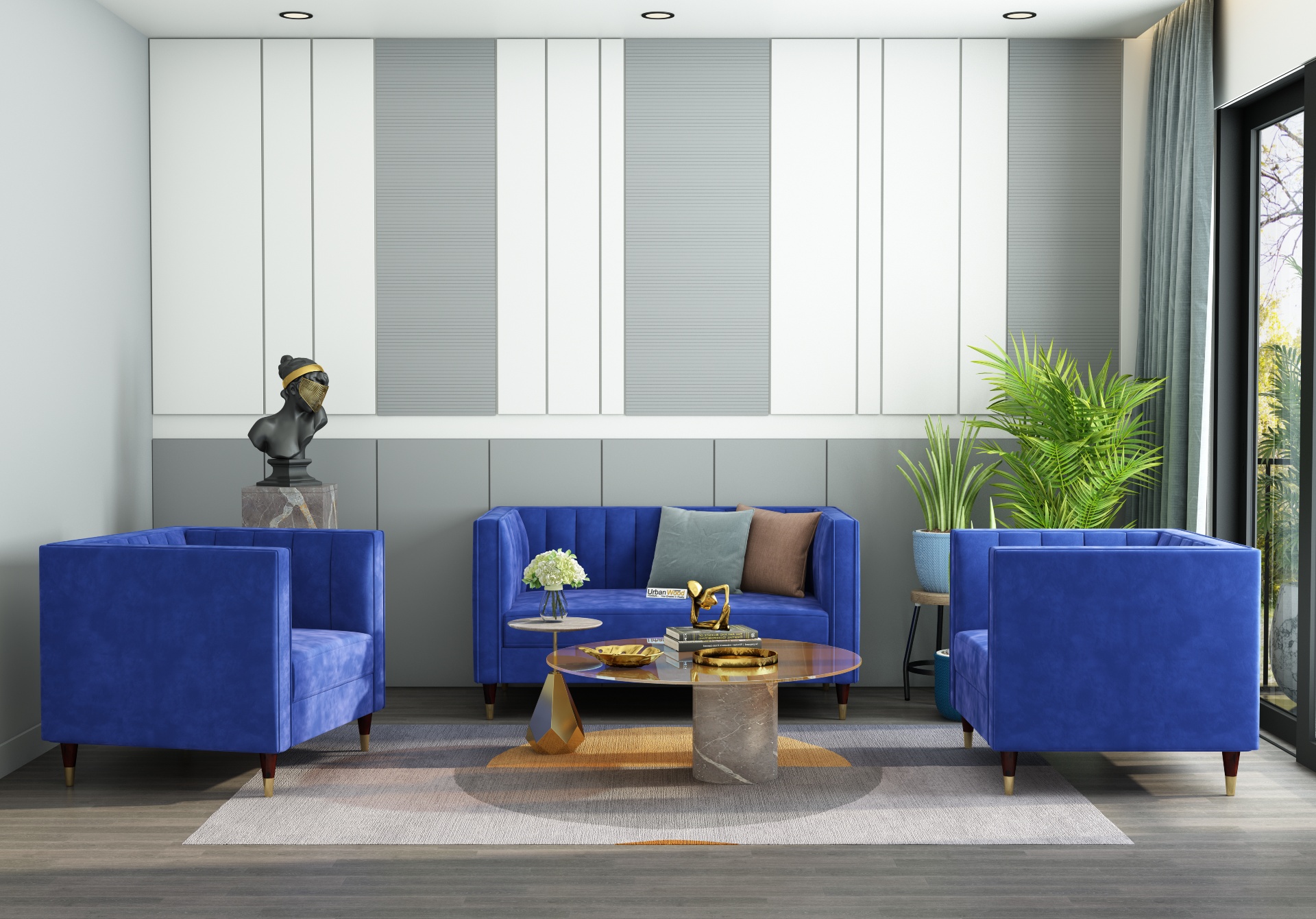 Abro 2+1+1 Seater Fabric Sofa (Velvet, Sapphire Blue)