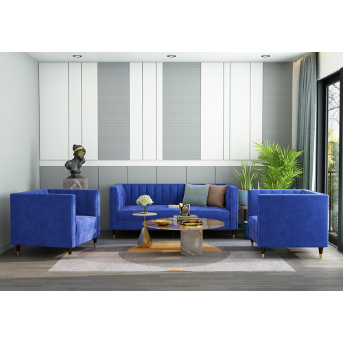 Abro 3+1+1 Seater Fabric Sofa (Velvet, Sapphire Blue)