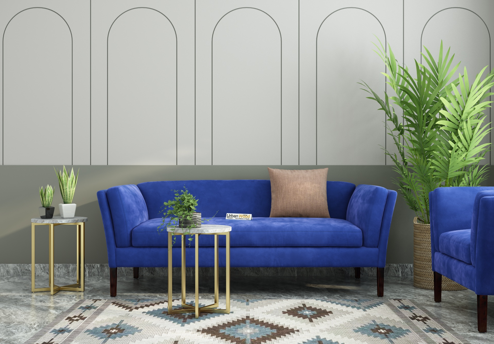 Crimson 3 Seater Fabric Sofa (Velvet, Sapphire Blue)