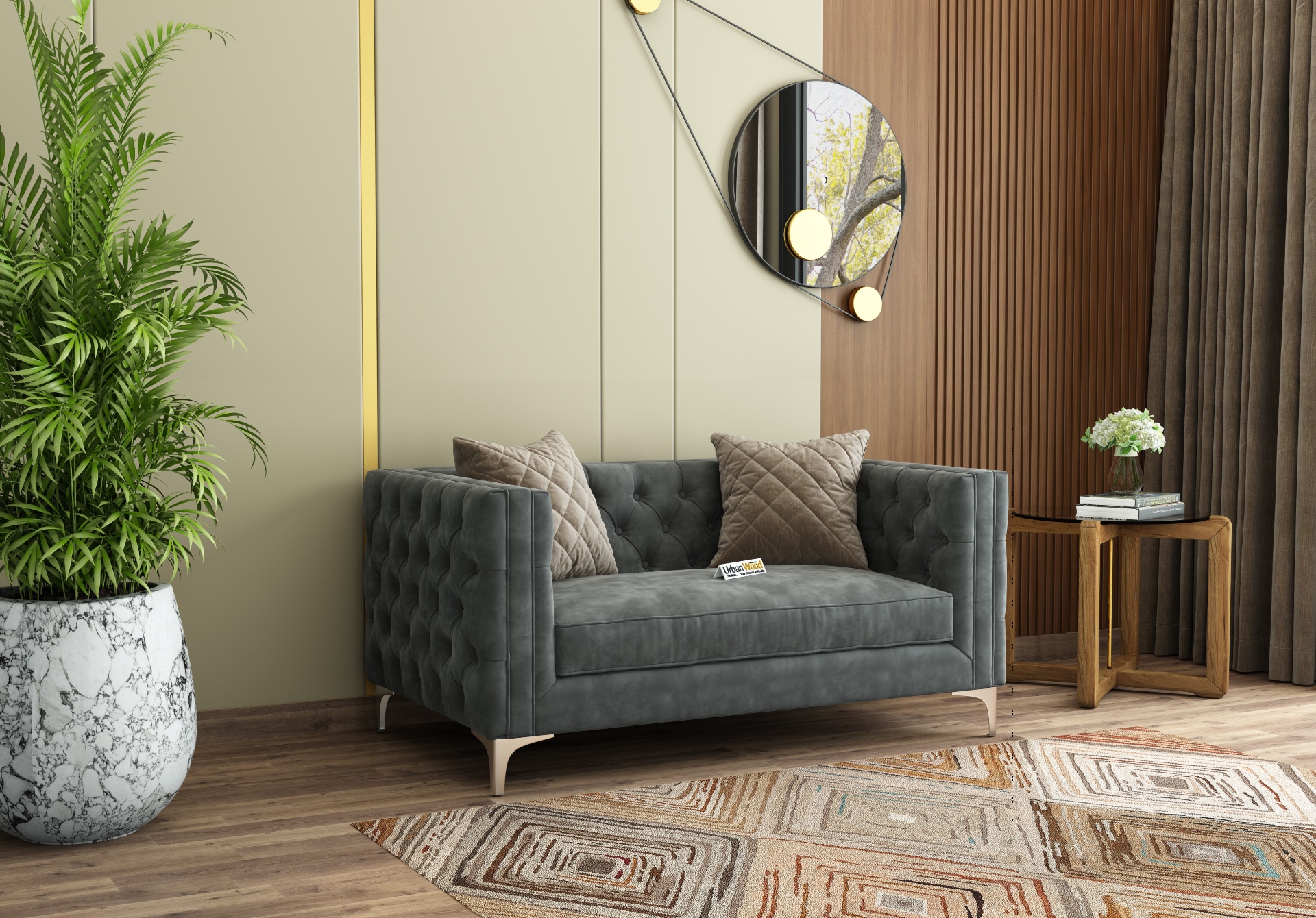 Curio 2 Seater Fabric Sofa (Velvet, Stone Grey)
