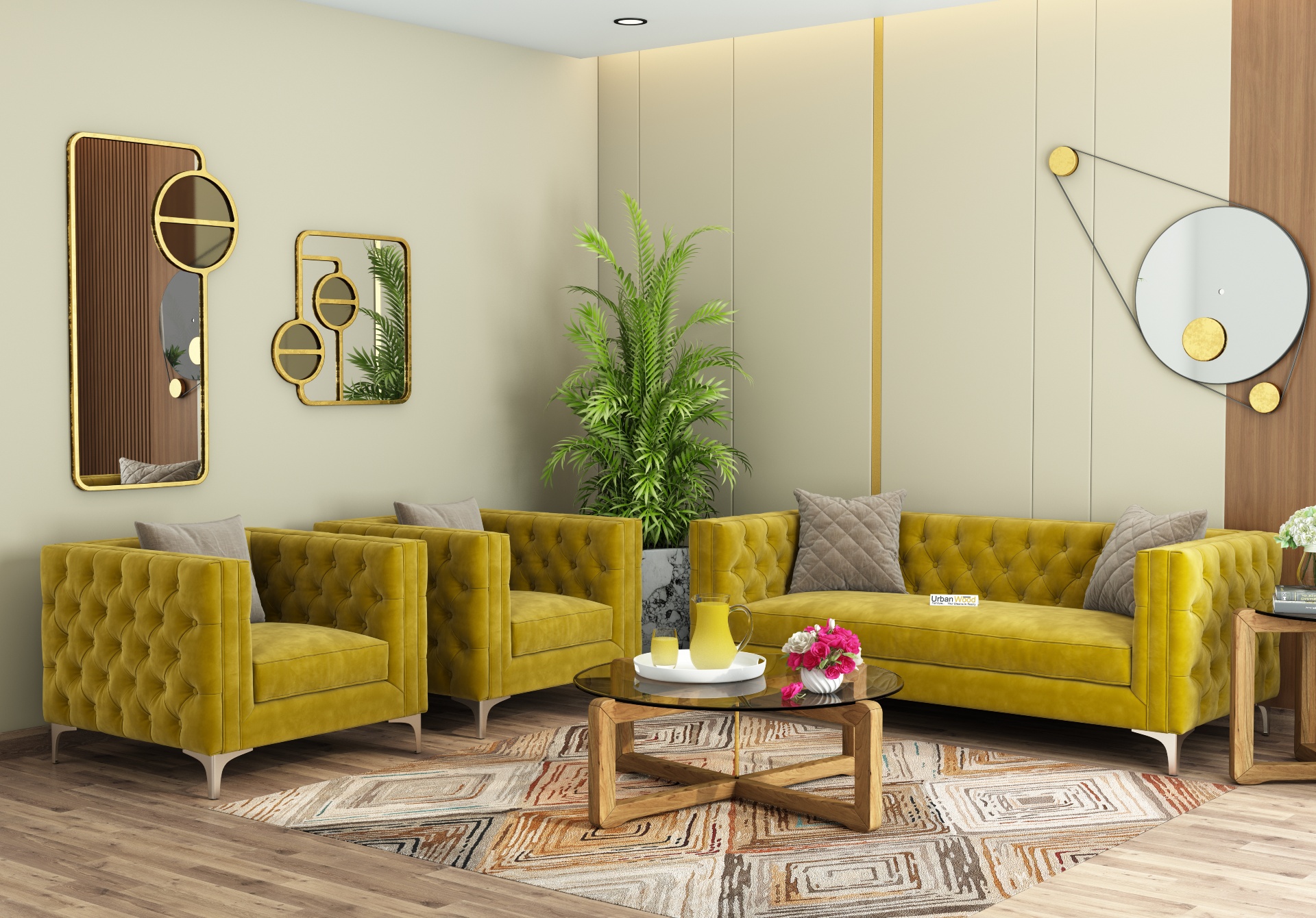 Curio 3+1+1 Seater Fabric Sofa (Velvet, Amber Gold)