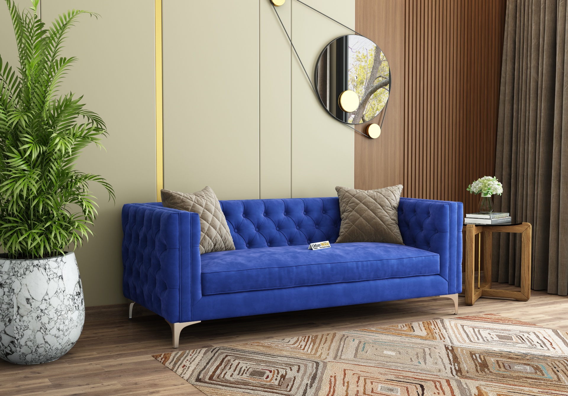 Curio 3 Seater Fabric Sofa (Velvet, Sapphire Blue)