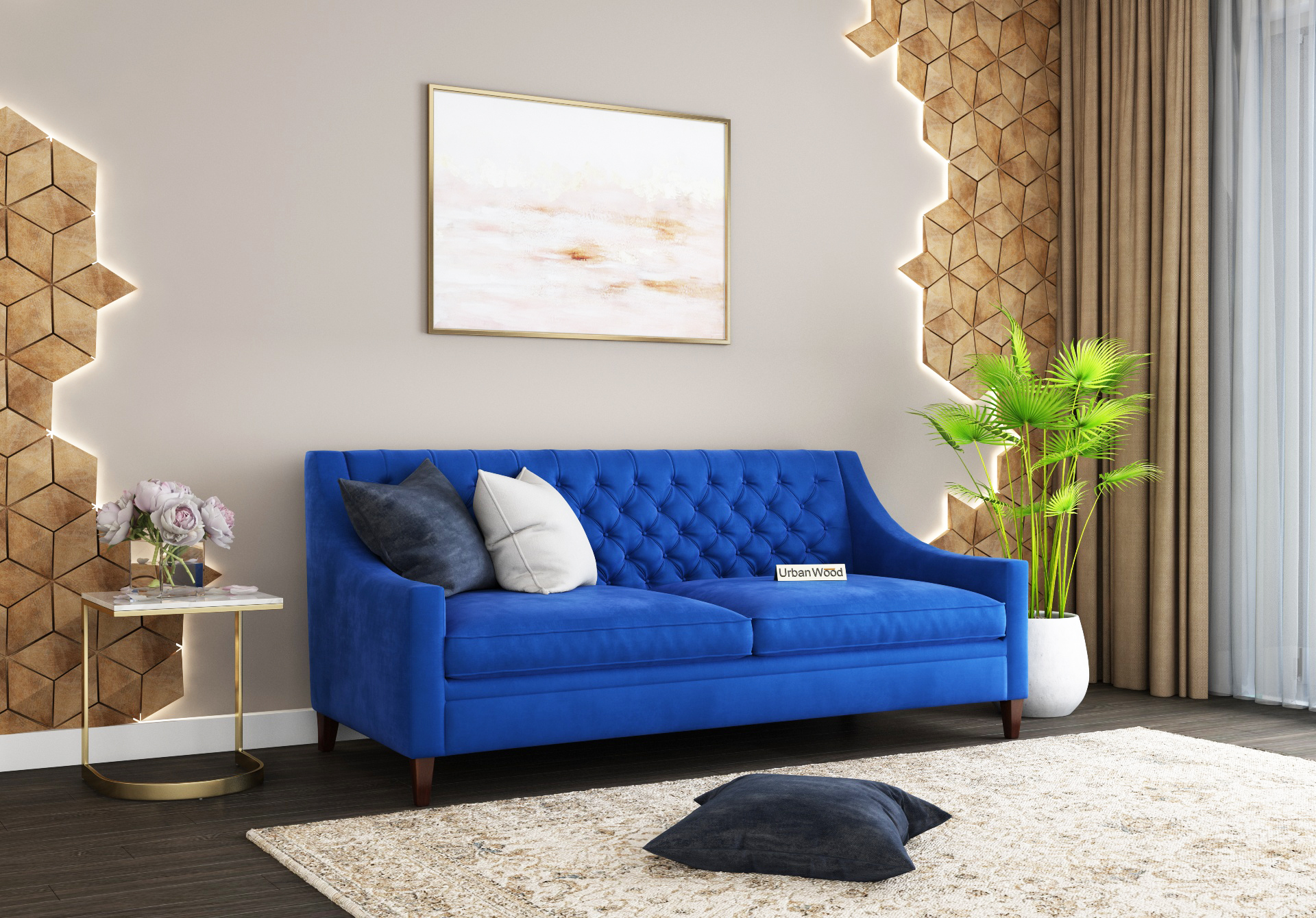 Curio 3 Seater Sofa (Velvet, Sapphire blue)