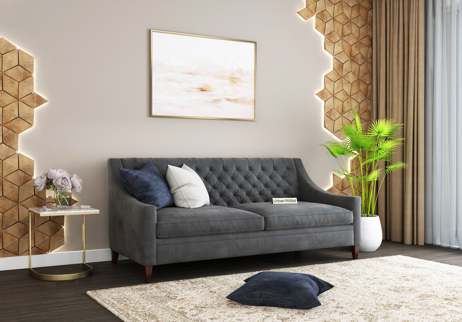 Curio 3 Seater Sofa (Velvet, Stone gray)