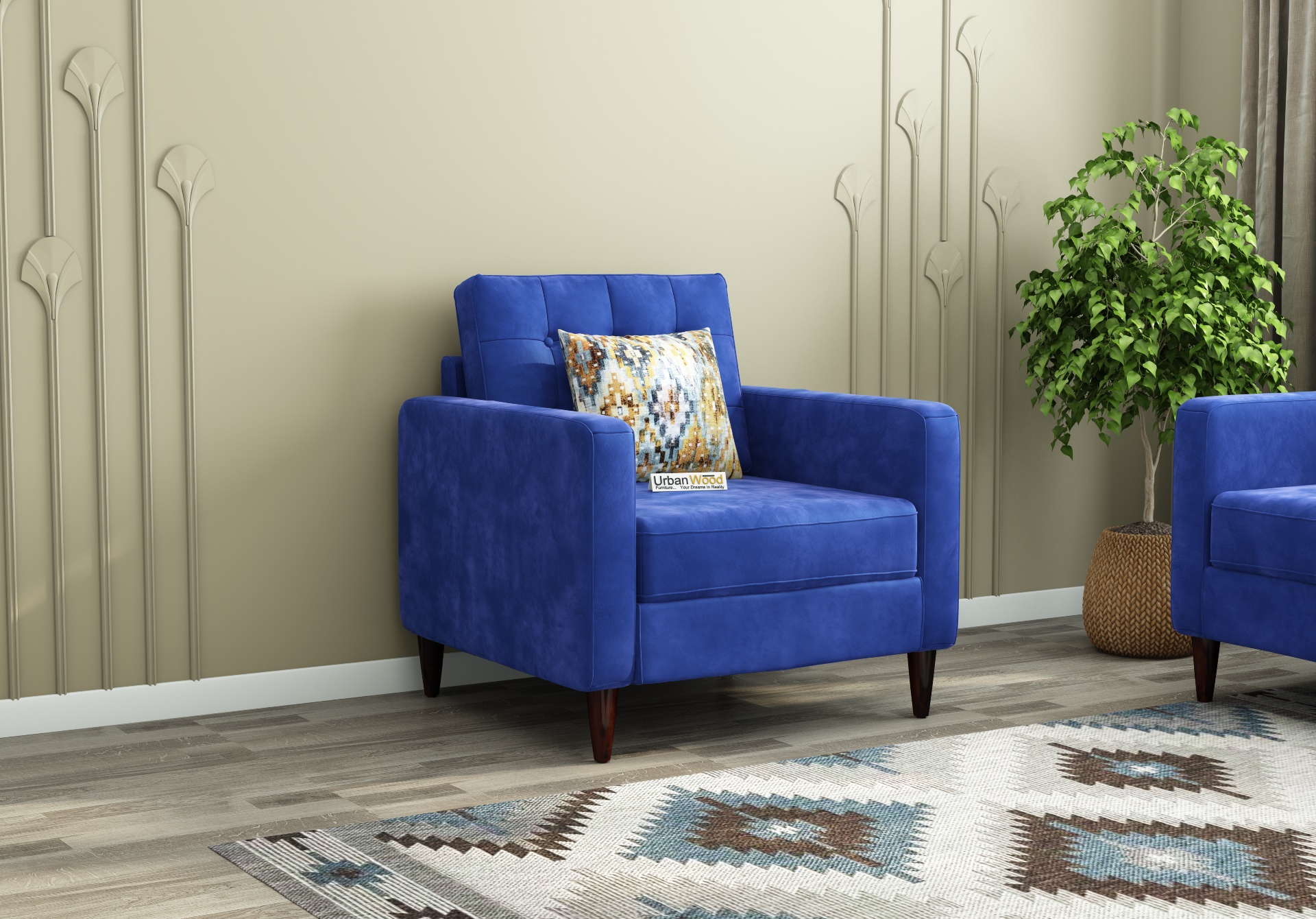 Hamper 1 Seater Fabric Sofa (Velvet, Sapphire Blue)