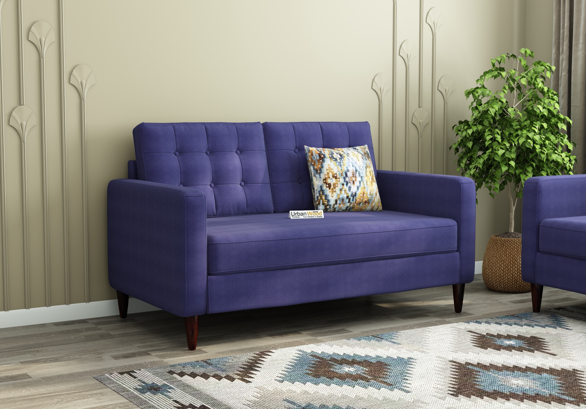 Hamper 2 Seater Fabric Sofa (Cotton, Navy Blue)