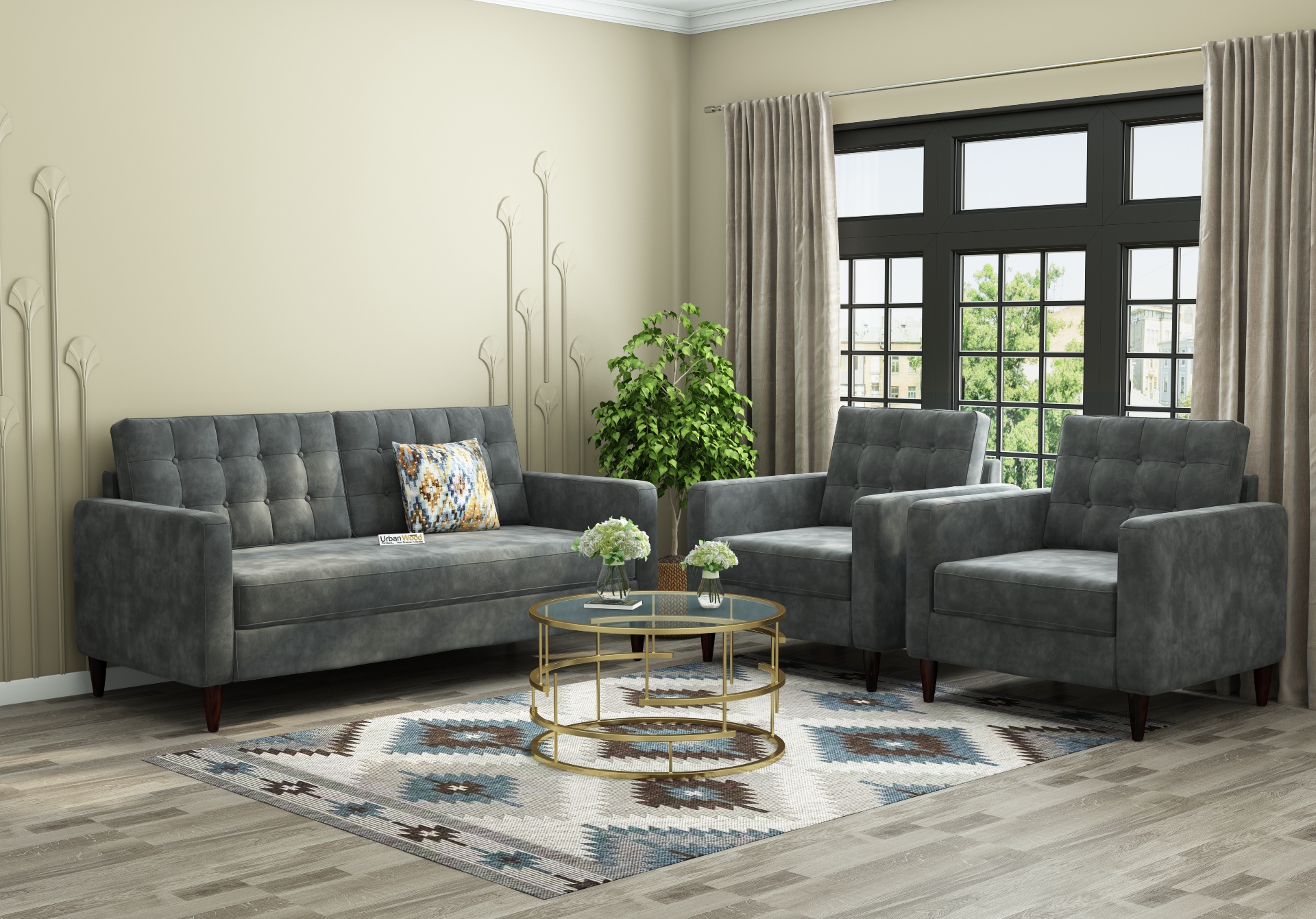 Hamper 3+1+1 Seater Fabric Sofa (Velvet, Stone Grey)