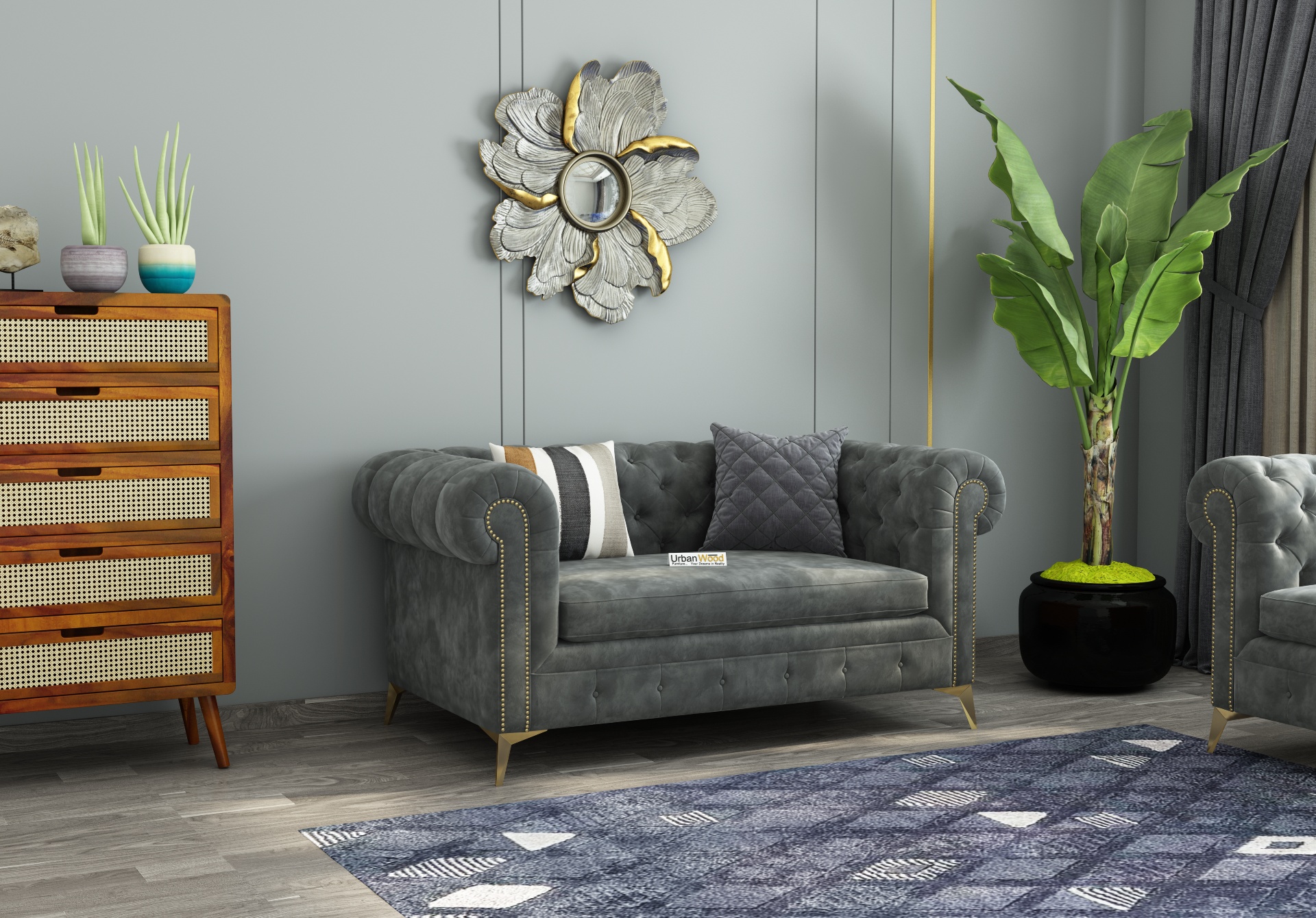 Regal 2 Seater Fabric Sofa (Velvet, Stone Grey)