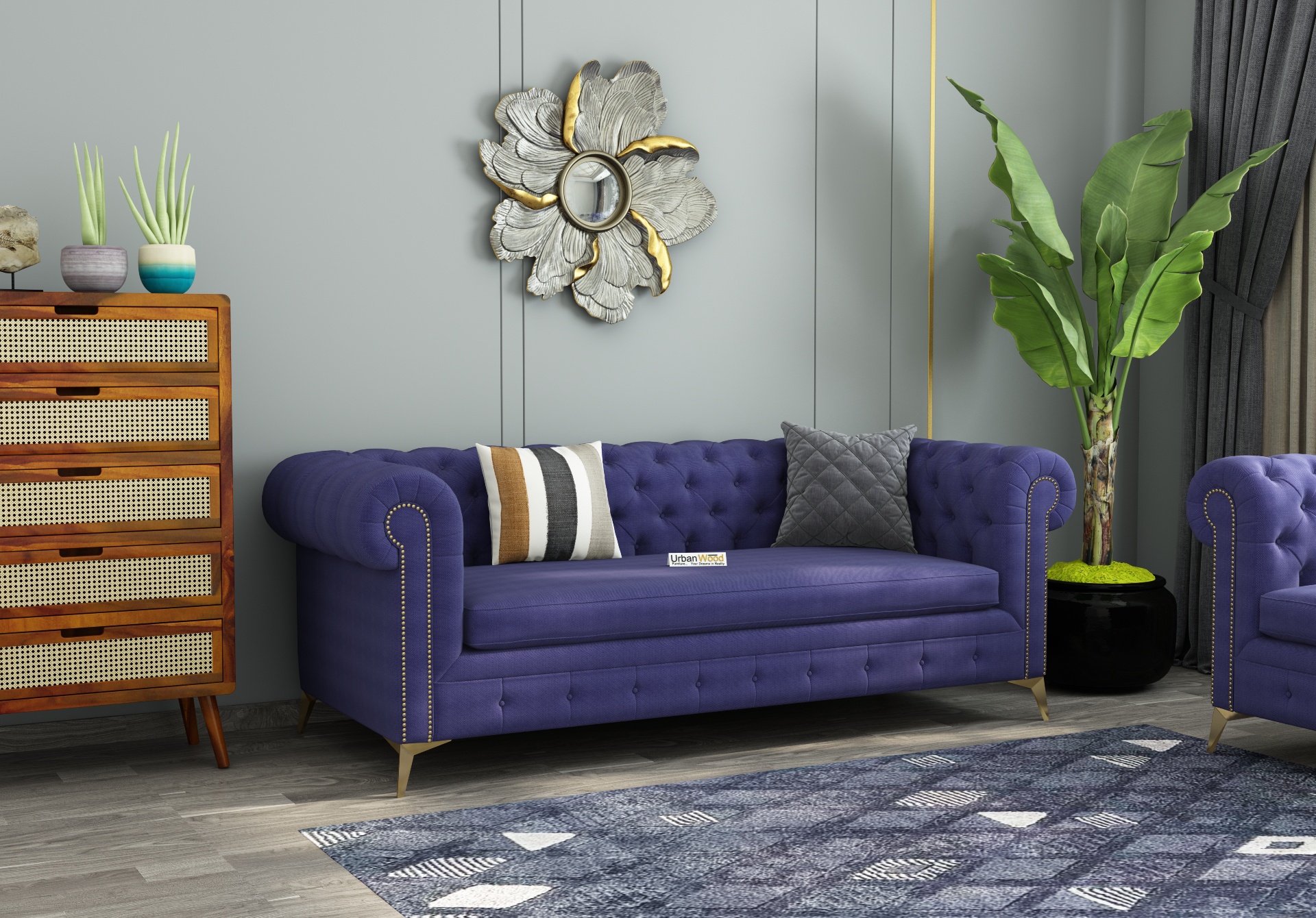 Regal 3 Seater Fabric Sofa (Cotton, Navy Blue)