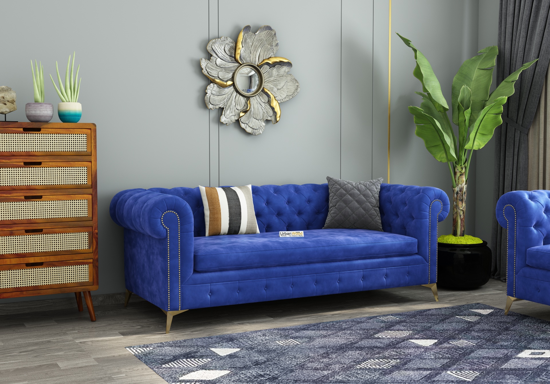 Regal 3 Seater Fabric Sofa (Velvet, Sapphire Blue)