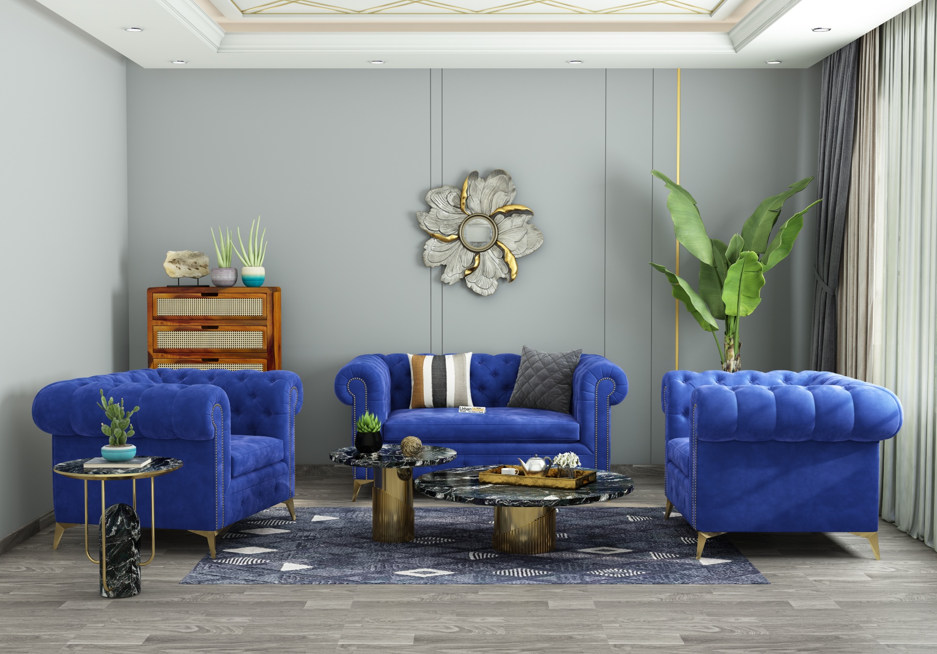 Regal 2+1+1 Seater Fabric Sofa (Velvet, Sapphire Blue)