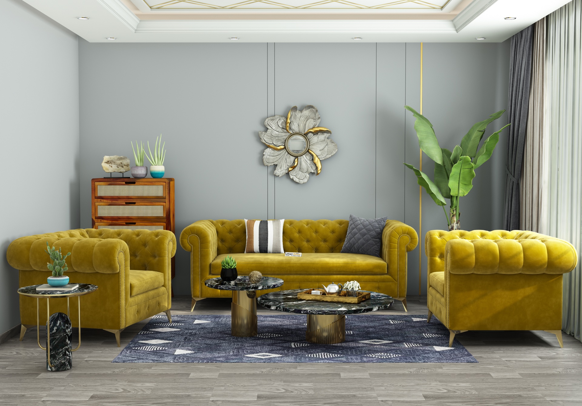 Regal 3+1+1 Seater Fabric Sofa (Velvet, Amber Gold)