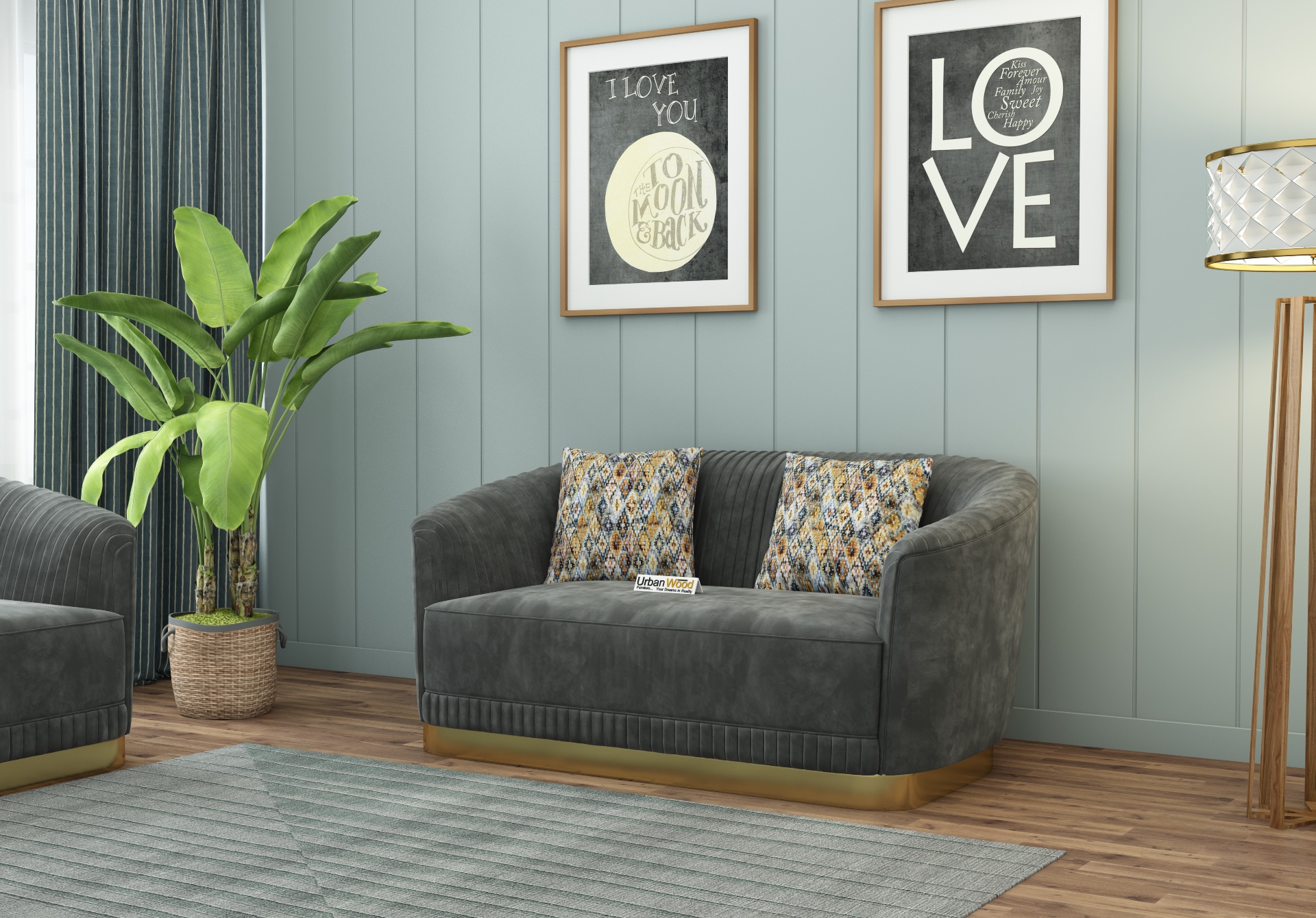 Roy 2 Seater Fabric Sofa (Velvet, Stone Grey)