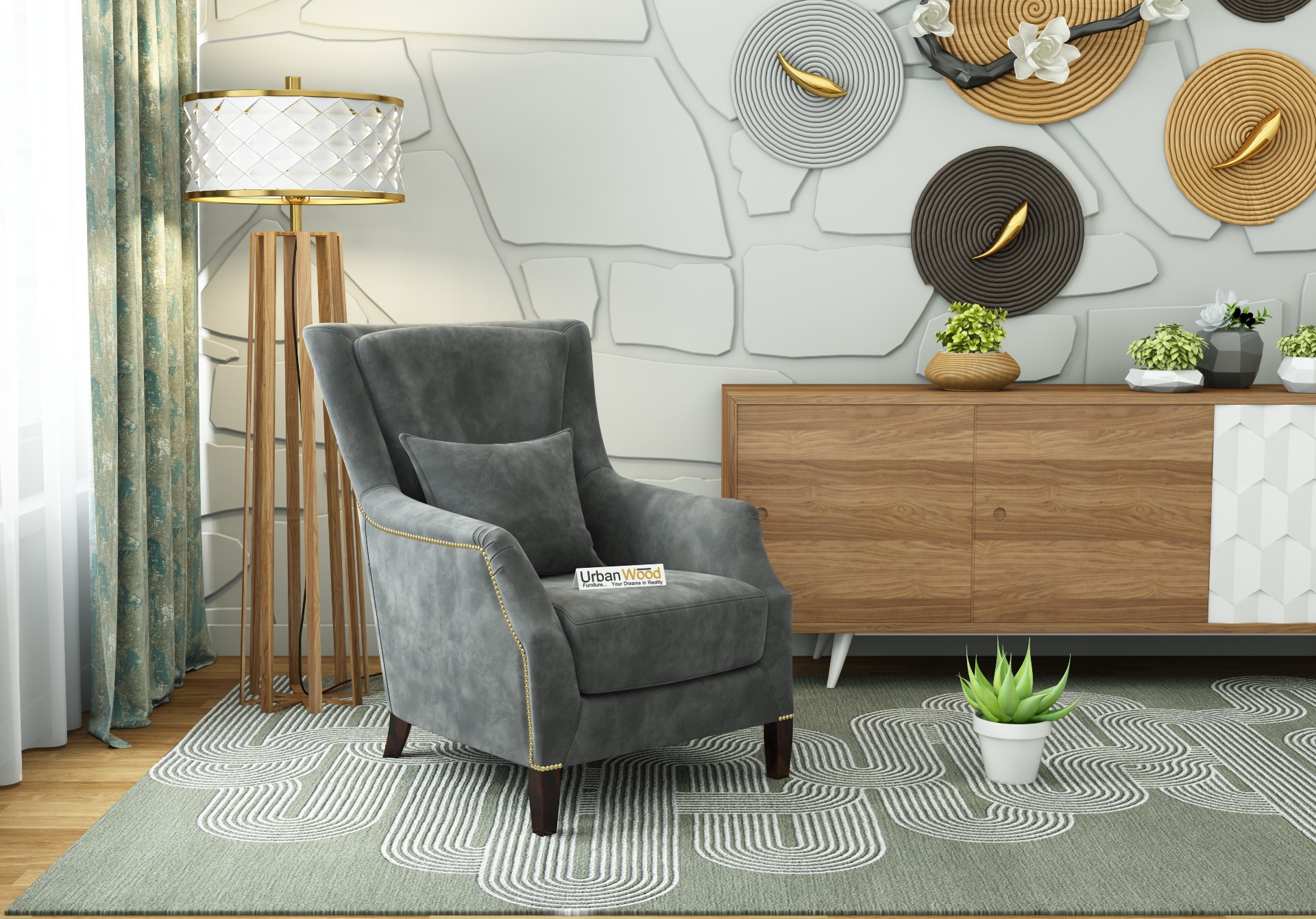 Monarch Lounge Chair (Velvet, Stone Grey)