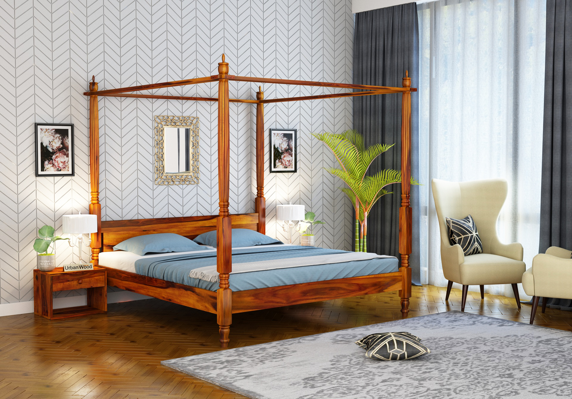 Rare Poster Bed Without Storage <small>( King Size, Honey Finish )</small>