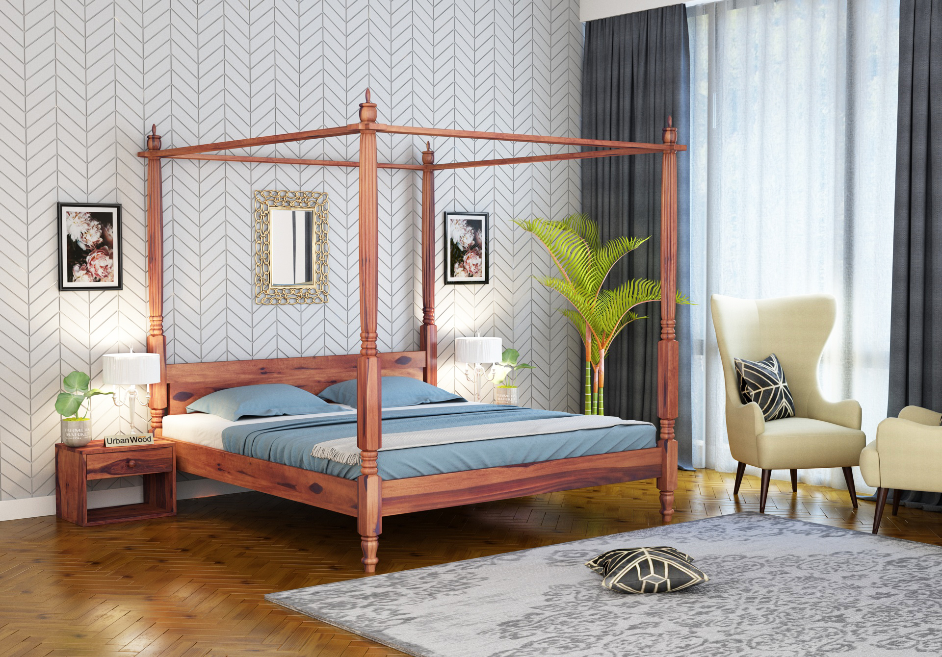 Rare Poster Bed Without Storage <small>( King Size, Teak Finish )</small>