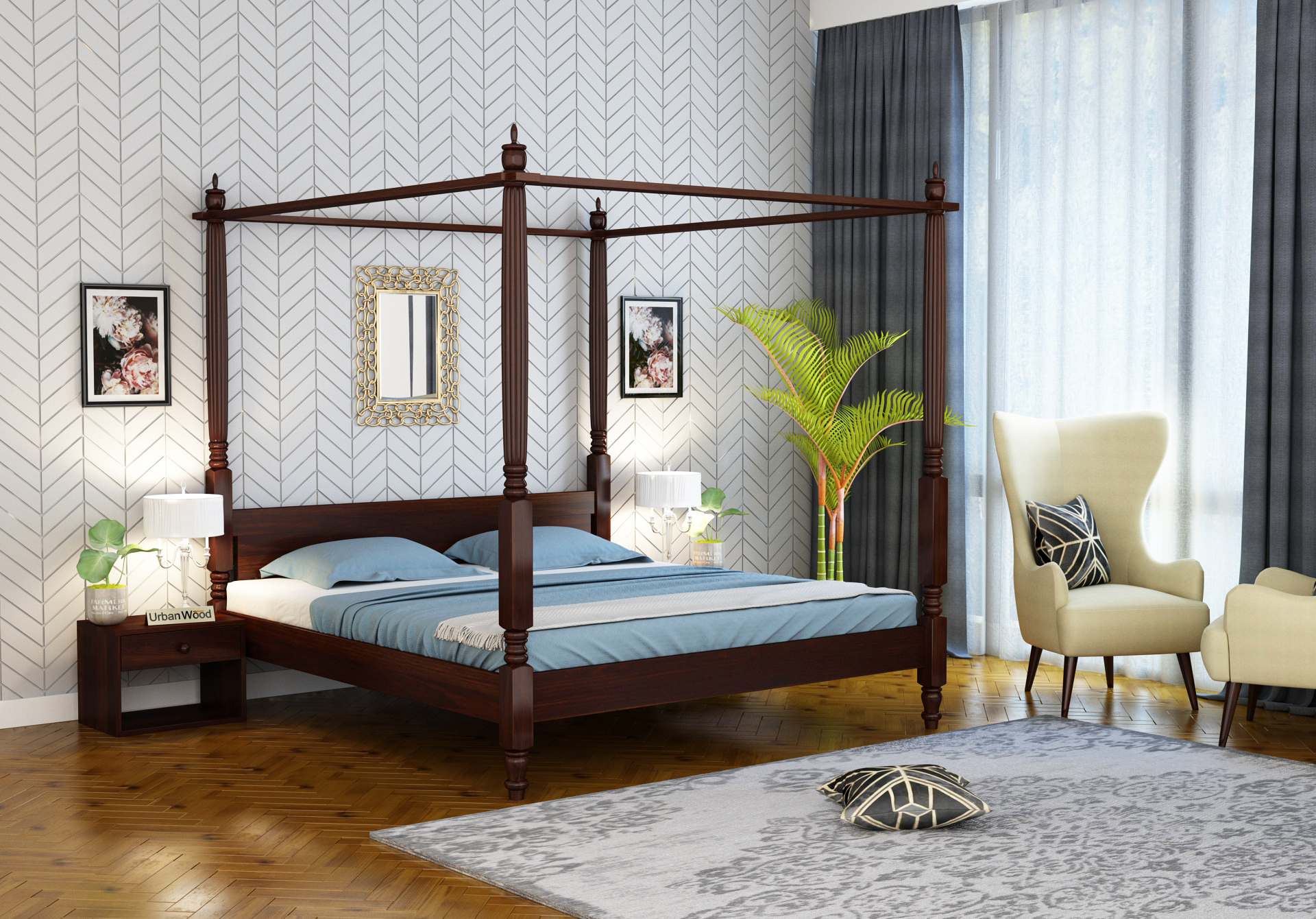 Rare Poster Bed Without Storage <small>( King Size, Walnut Finish )</small>