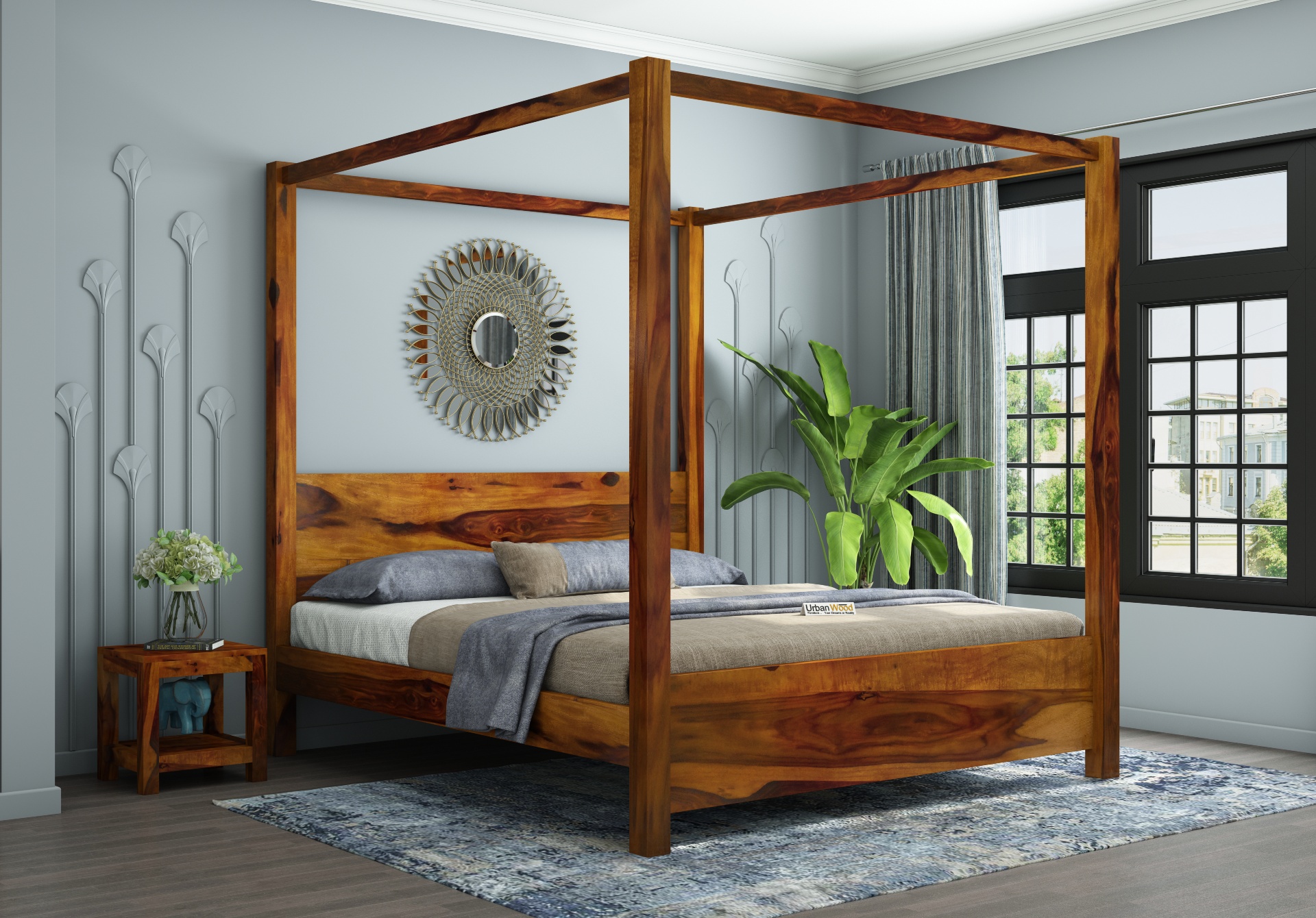 Sigma Poster Bed (Queen Size, Honey Finish)