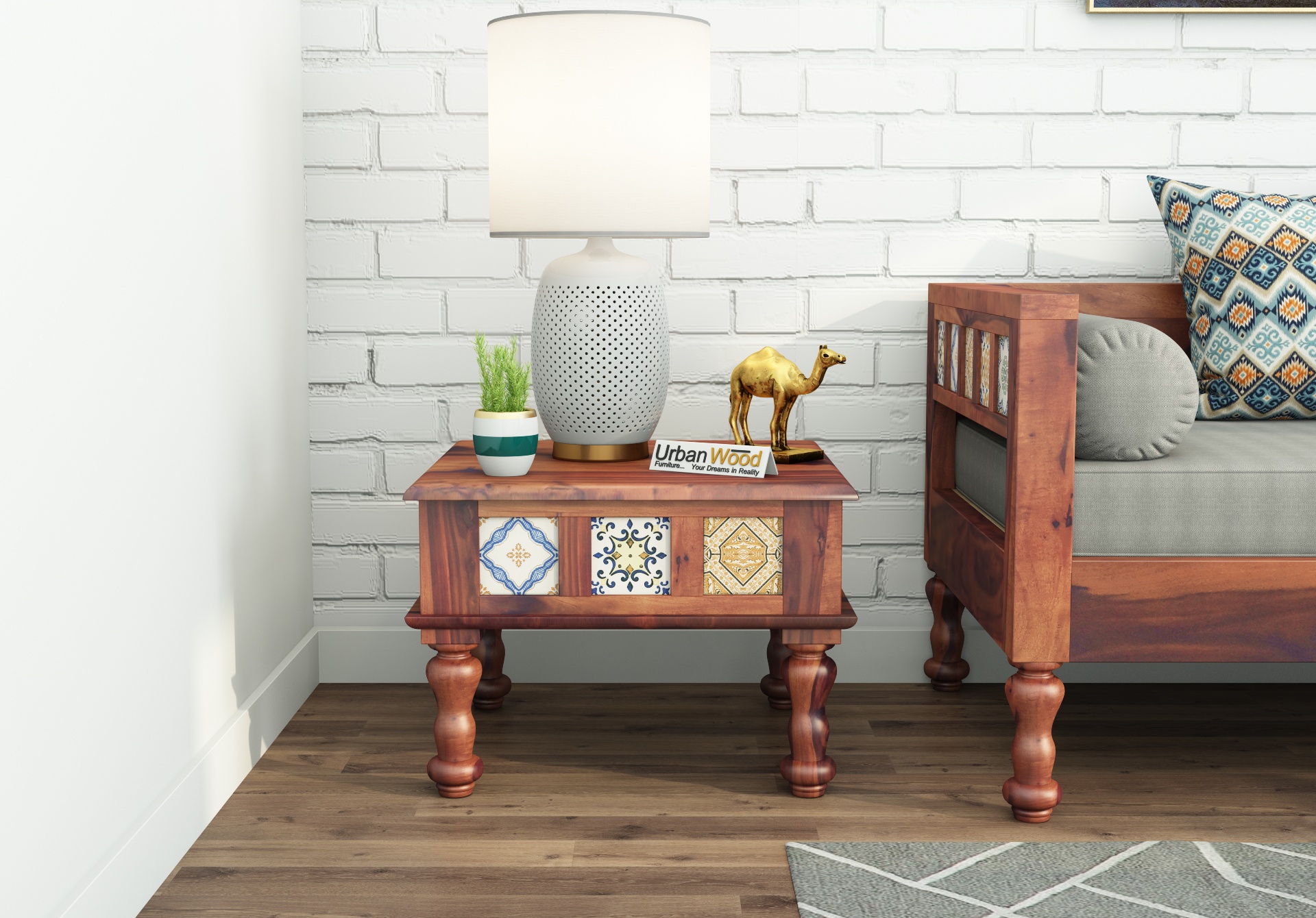 Relay Ceramic Tile Side Table <small>(Teak Finish)</small>