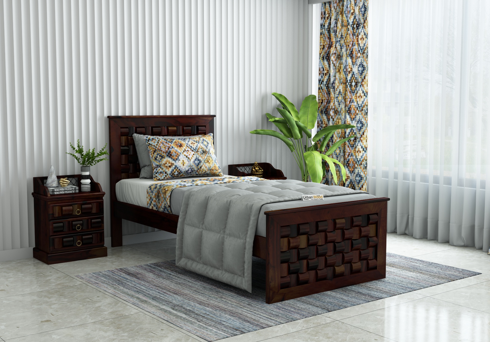Hover Single Bed Without Storage ( Walnut Finish )