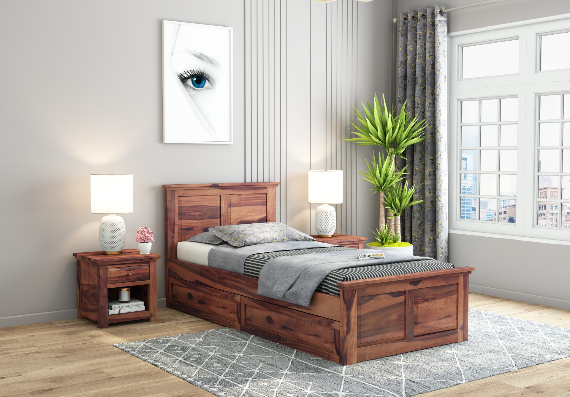 Babson Single Bed With Drawer Storage ( Teak Finish )