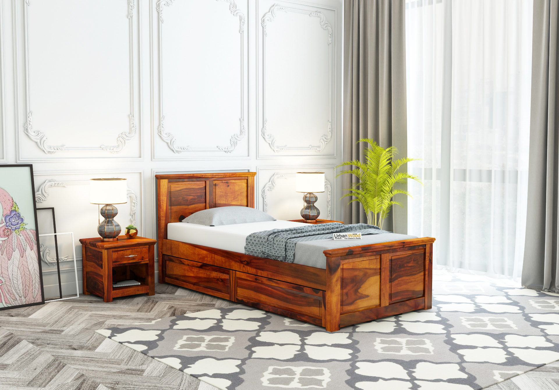 Babson Single Bed With Storage <small>( Honey Finish )</small>