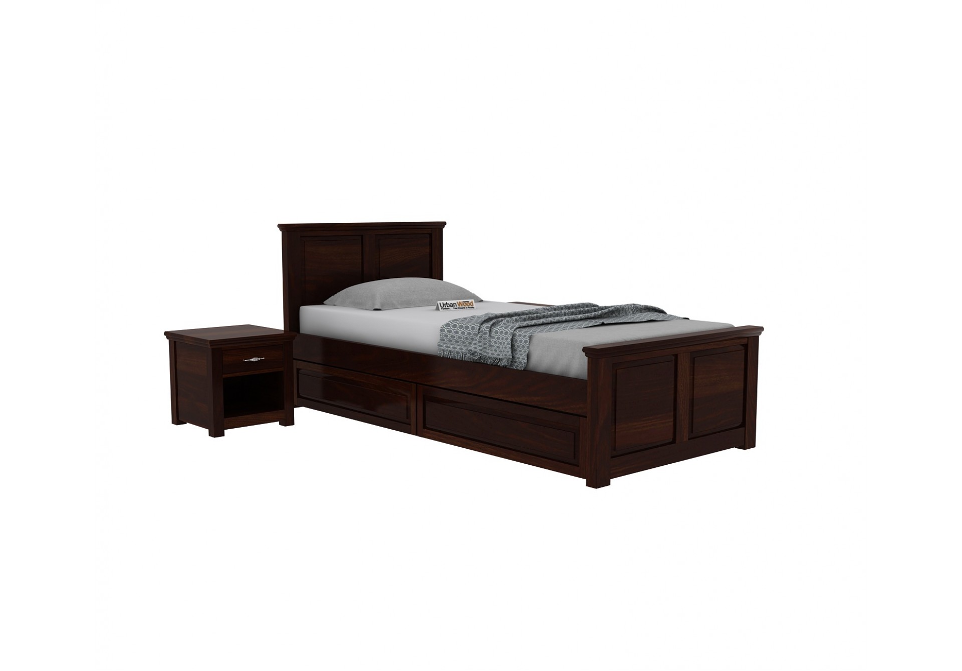 Custom Babson Single Bed With Storage ( Walnut Finish ) with 1 Bedside Table
