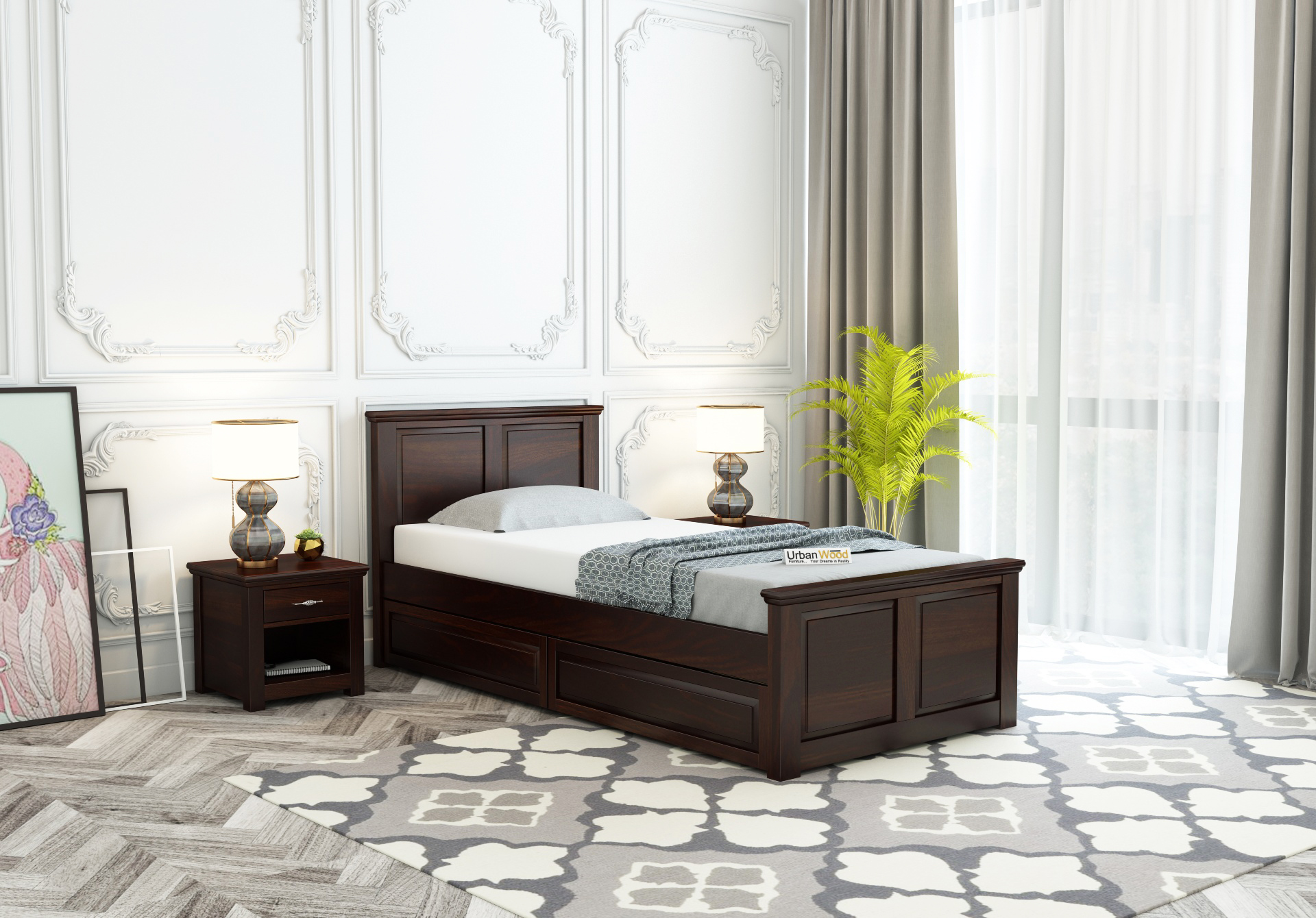 Custom Babson Single Bed With Storage ( Walnut Finish ) with 1 Bedside Table