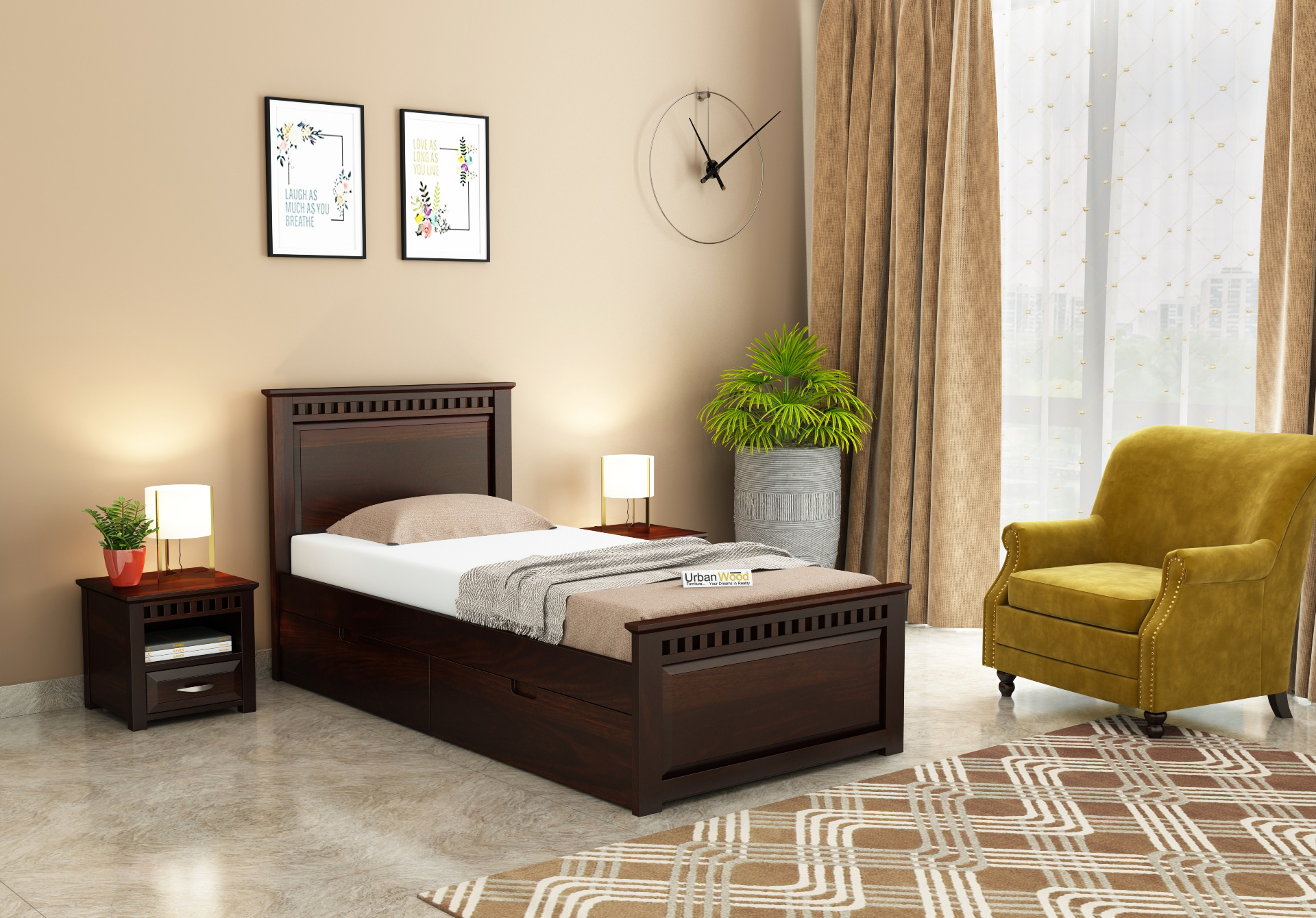 Fusion Single Bed With Storage <small>( Walnut Finish )</small>