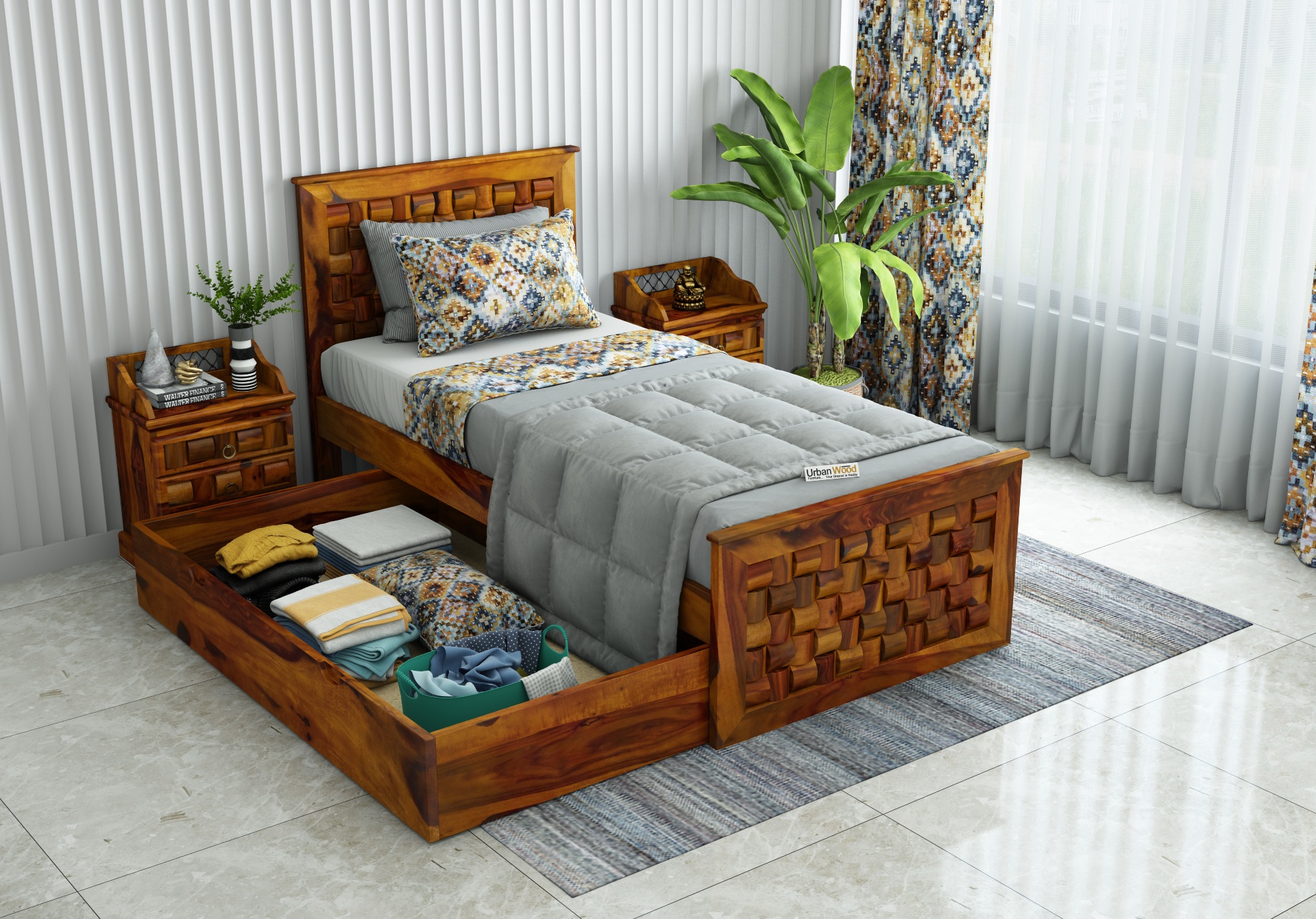 Hover Single Bed with Drawer Storage ( Honey Finish )
