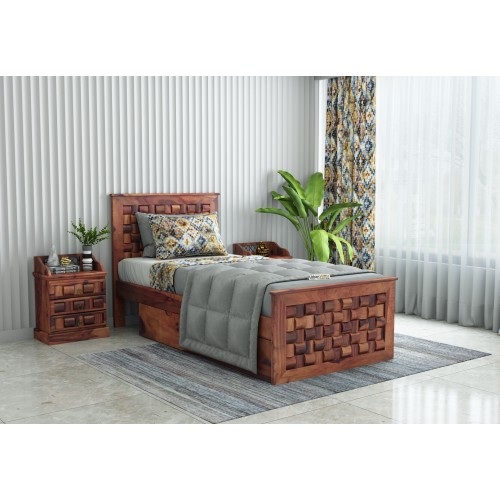 Hover Single Bed with Drawer Storage ( Teak Finish )