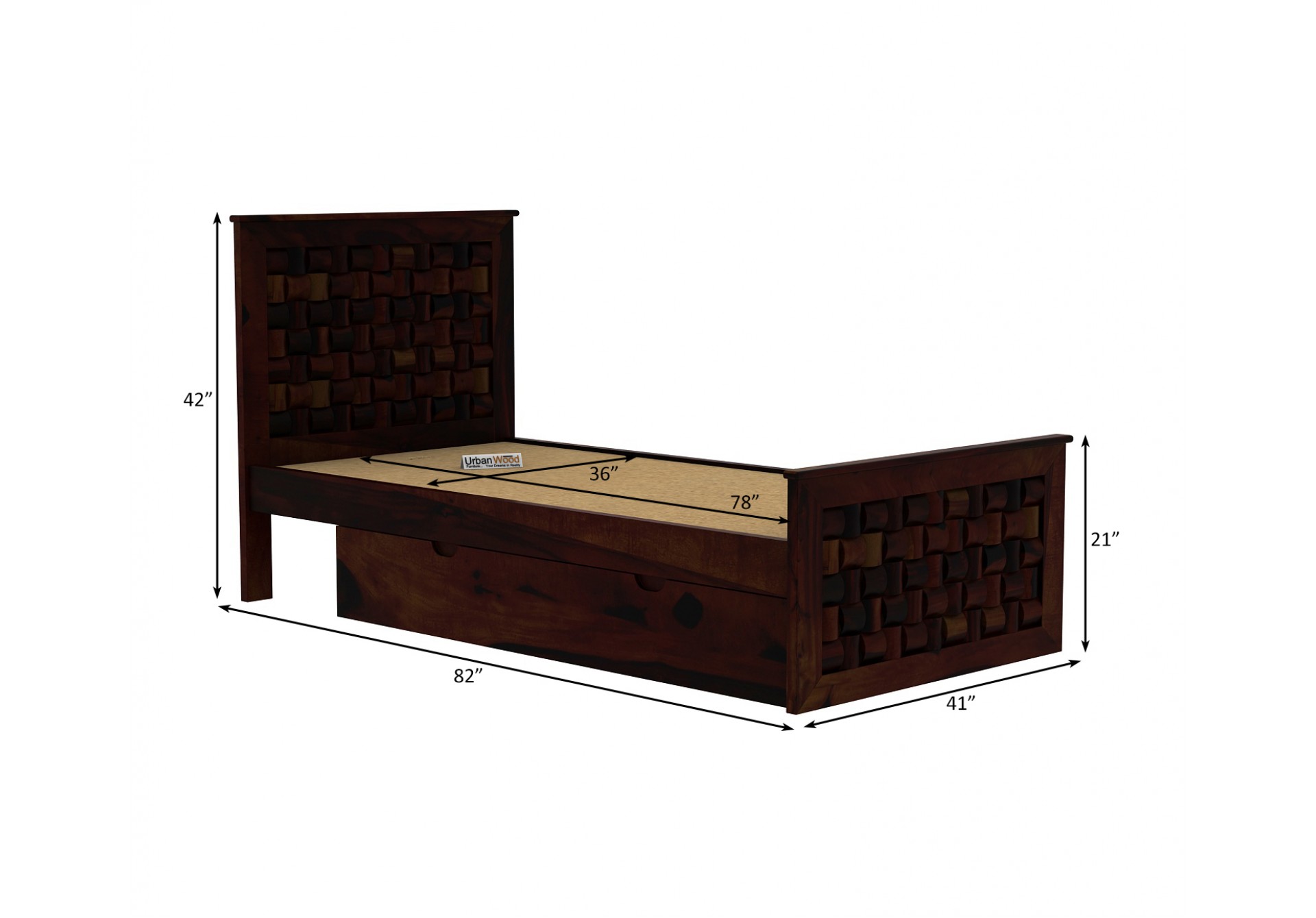 Hover Single Bed with Drawer Storage ( Walnut Finish )