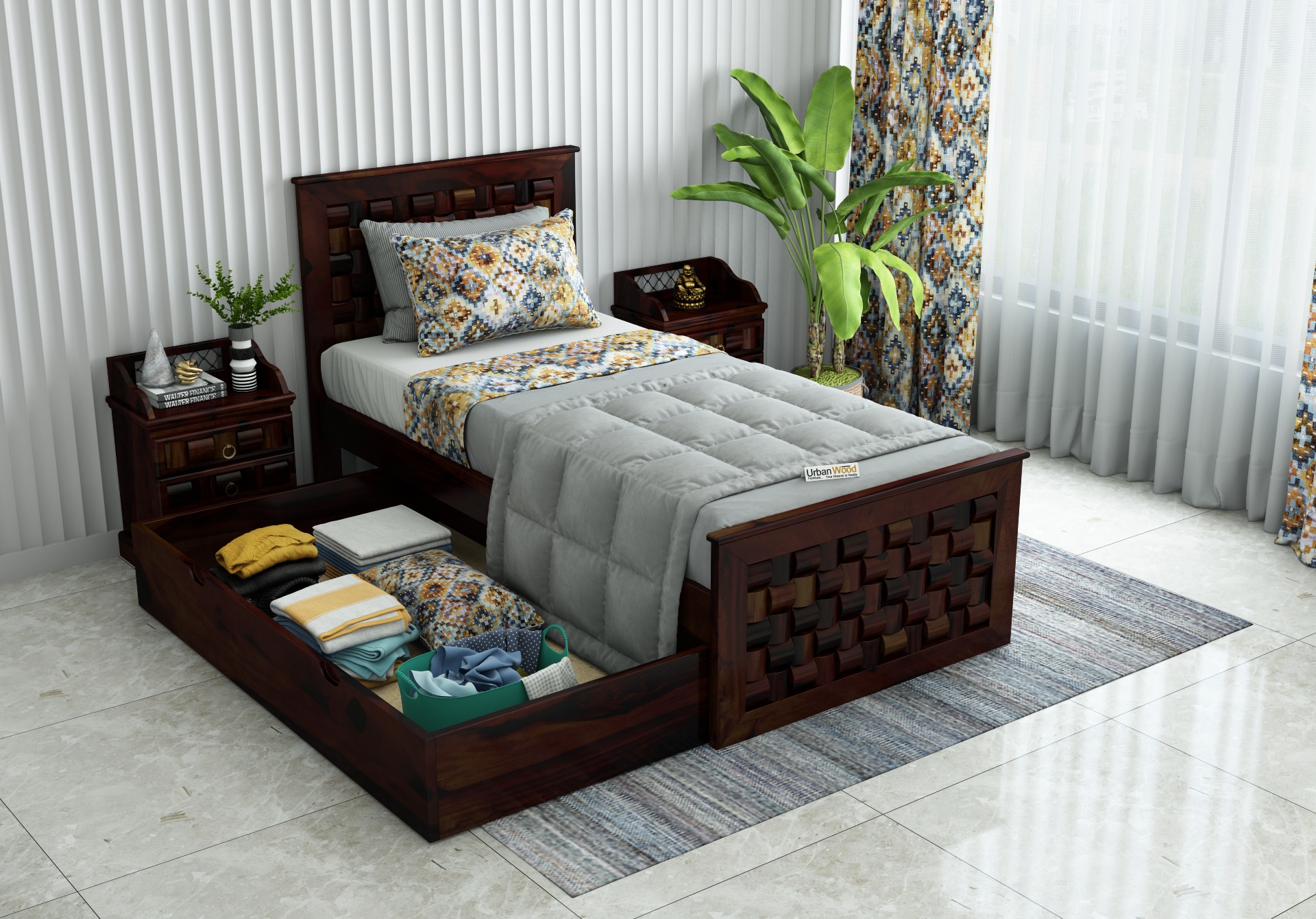 Hover Single Bed with Drawer Storage ( Walnut Finish )