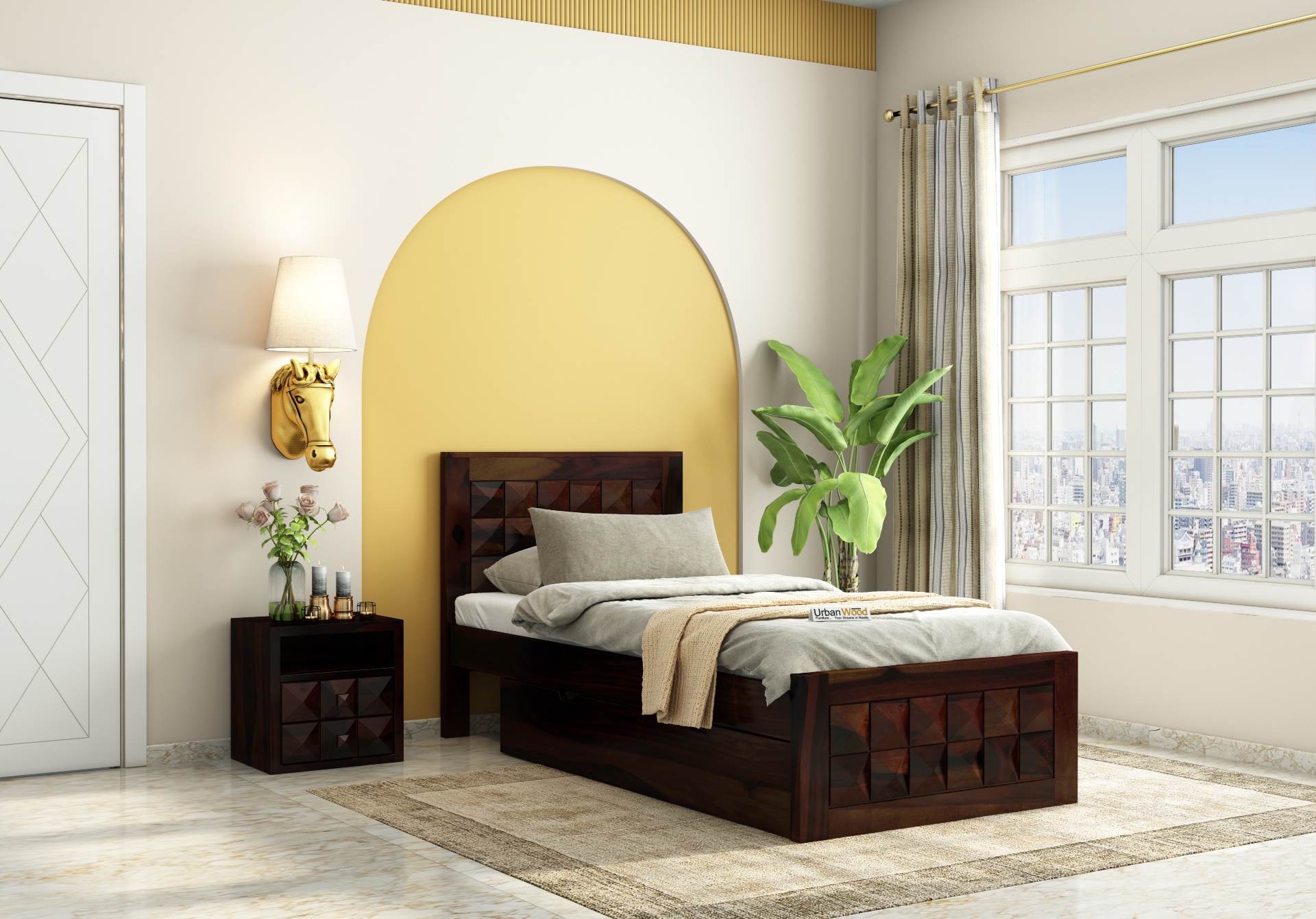 Morgana Single Bed With Drawer Storage ( Walnut Finish )