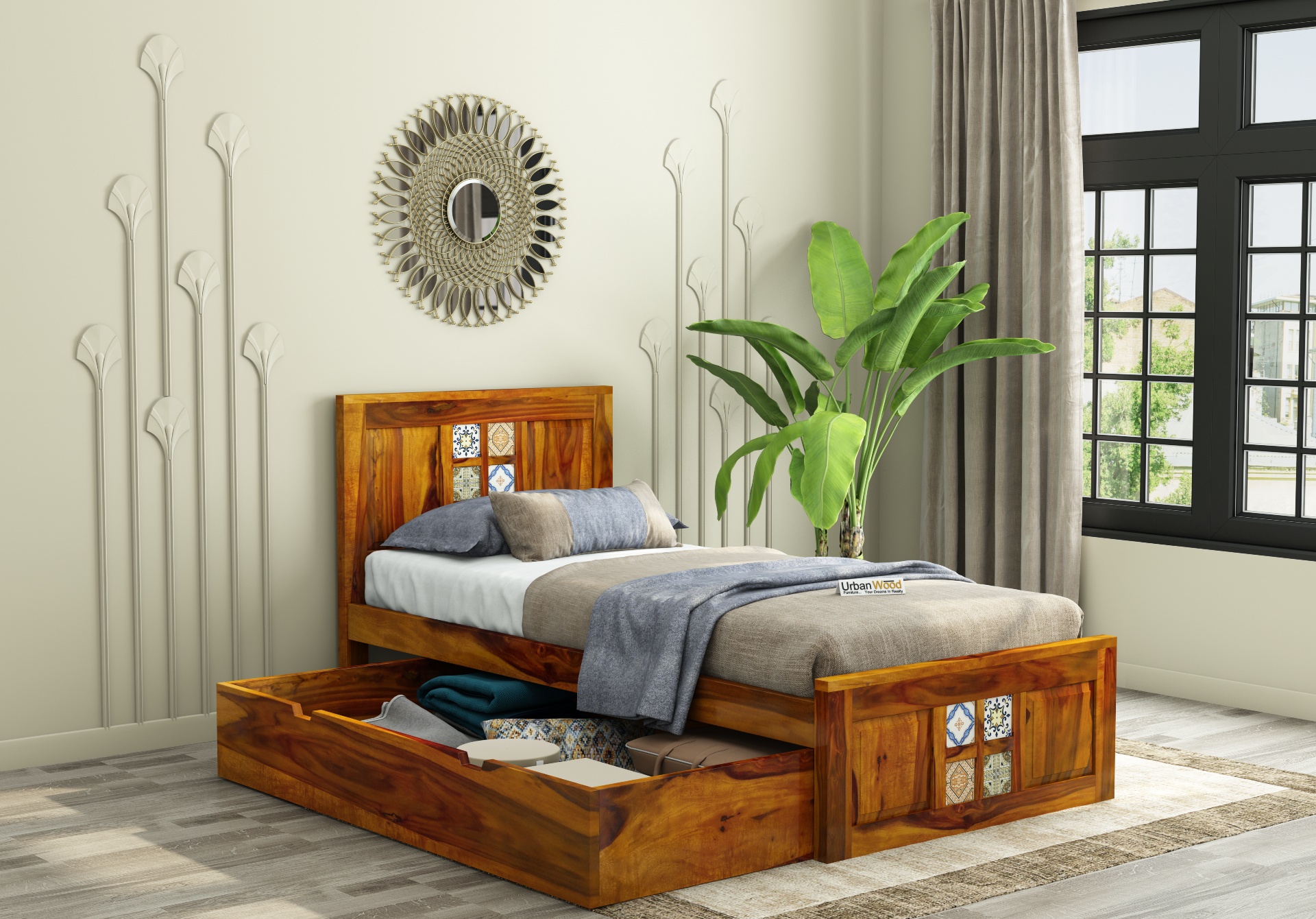Relay Single Bed With Drawer Storage ( Honey Finish )