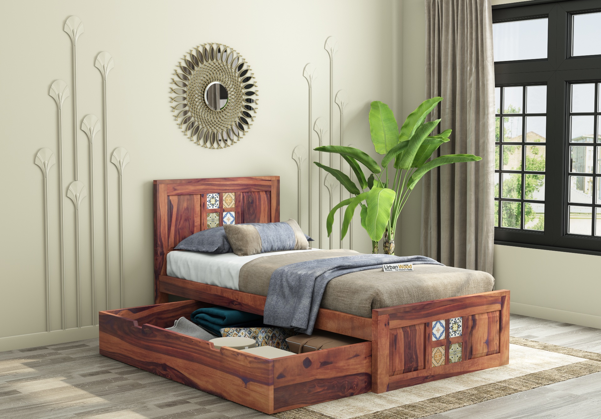 Relay Single Bed With Drawer Storage ( Teak Finish )
