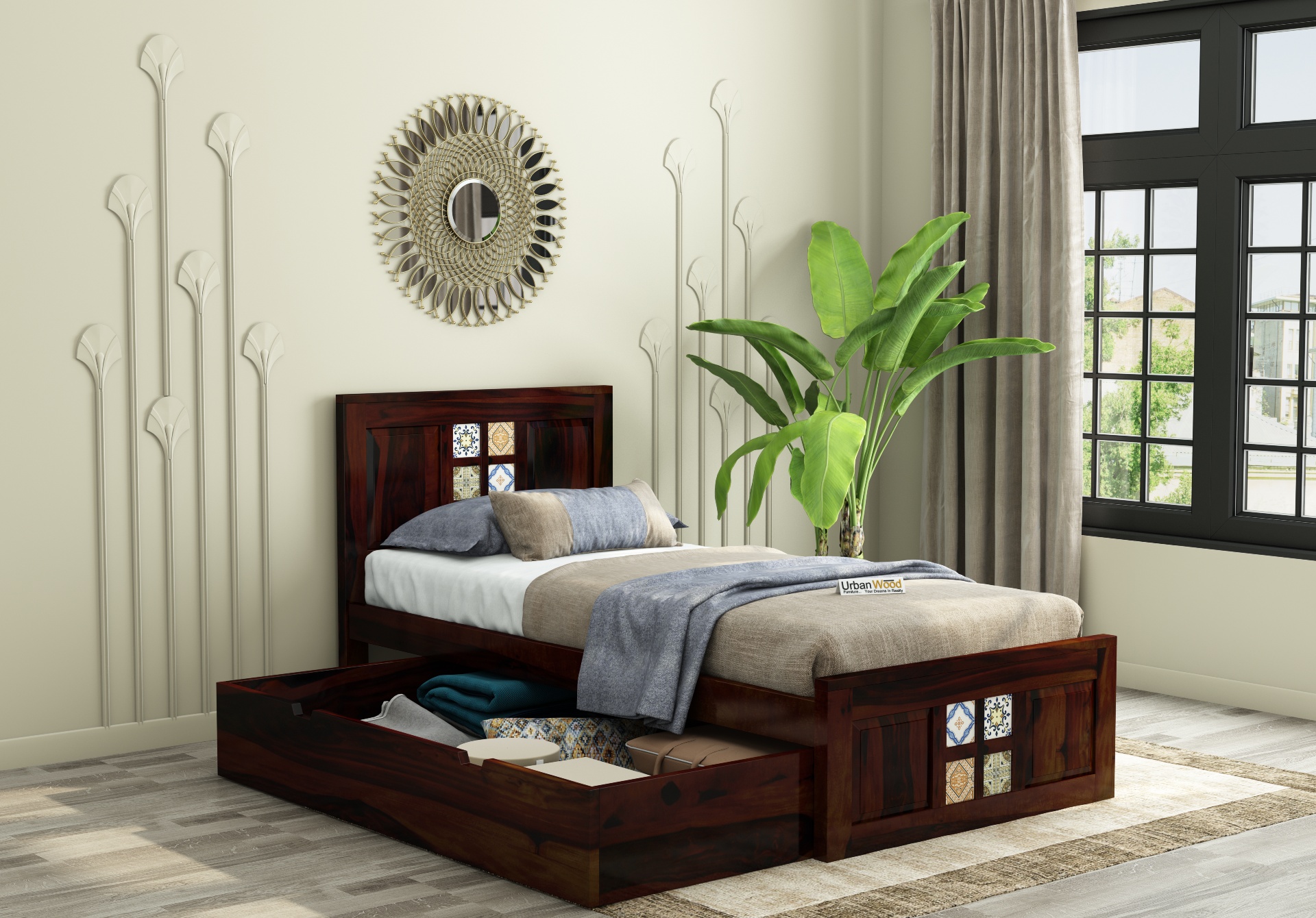Relay Single Bed With Drawer Storage ( Walnut Finish )