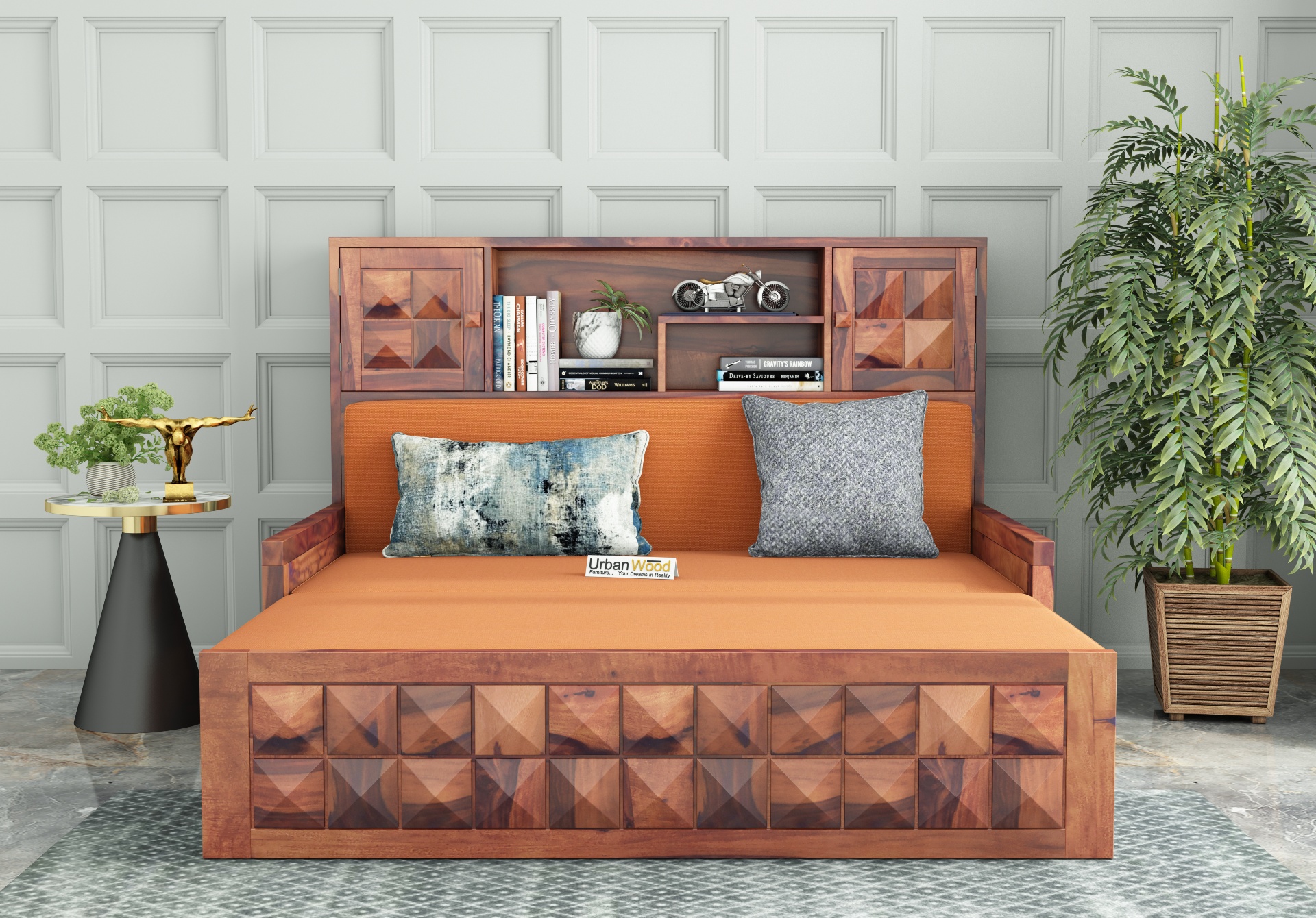 Morgana Sofa Cum Bed With Storage ( Teak Finish )