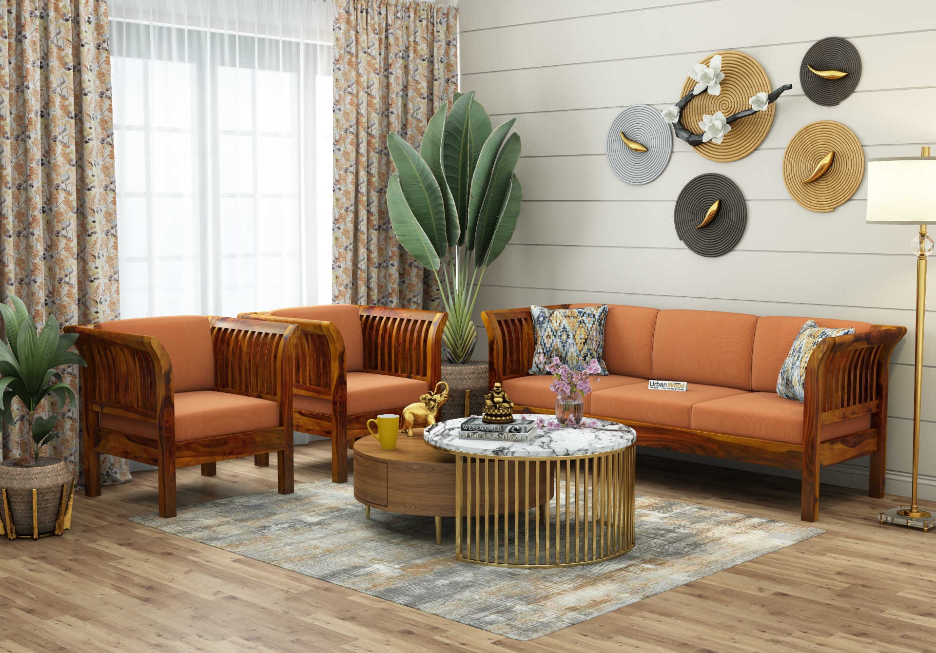Crispin 3+1+1 Seater Wooden Sofa Set ( Honey Finish )